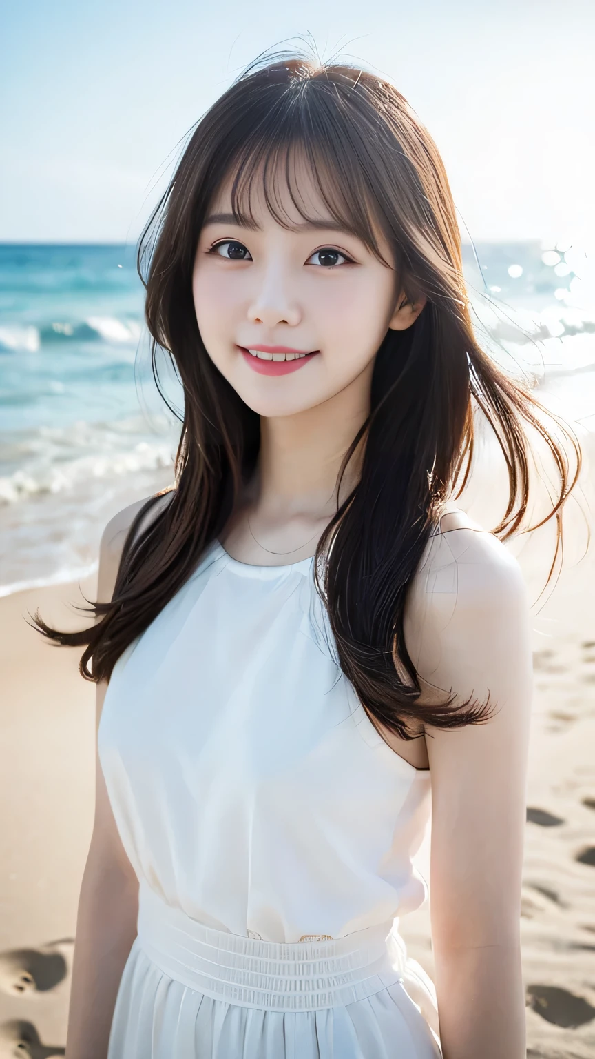 Photographic Fidelity, Young Beauty, Summer beach, Sweet and cute, Korean Girl Group Style, Fair skin , Severe exposure, Rich movement, Cute smile, Intricate details, Global Illumination, Transparent light and shadow, Studio Lighting, Depth-of-field blur, OC Renderer, Ultra-high resolution