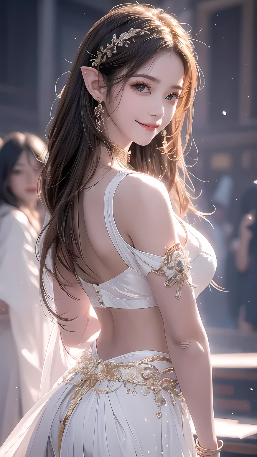 masterpiece, Best Quality ,Beautiful woman ,Outdoor((best quality)), ((masterpiece)), (detailed), perfect face, high detailed eyes, elf, pointy ears, forehead mark, evil smile, white hair, tanned skin, dark skin, dancer, Sensual dance, sensual poses, sweaty skin, torrents of light, Frenzy, trance state, 