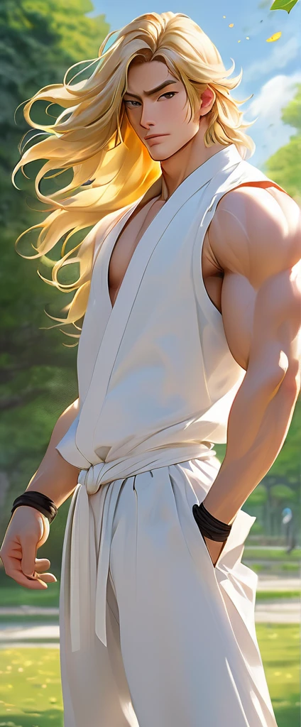 Character anime man standing in a park in nature: At the heart of a calm, white-based environment、A lively young cartoon man standing in an impressive pose、Its strength radiates through the lines and contours of its muscular form.。Long golden hair fluttering in the wind、It frames a square jaw and high cheekbones.。The design sketch、Alluding to the intricate details of his original characters、It emphasizes random poses that evoke a sense of fluidity and strength.。 Dressed in a costume that combines the aesthetics of modern martial artists and parkour enthusiasts。With a stunning natural backdrop