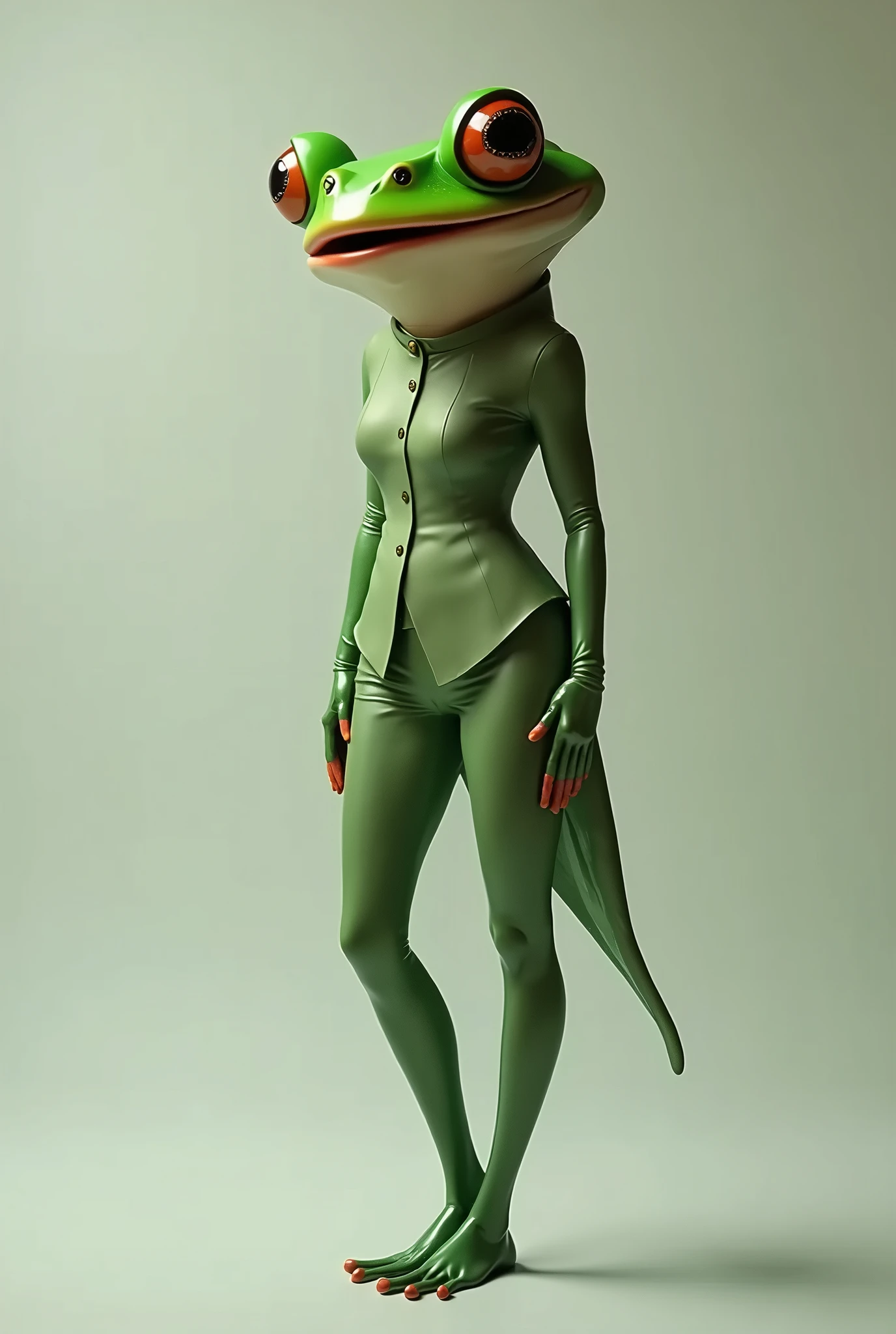 A tall, slender frog-person, with vibrant green skin, large, expressive eyes, and an elegant yet slightly menacing air