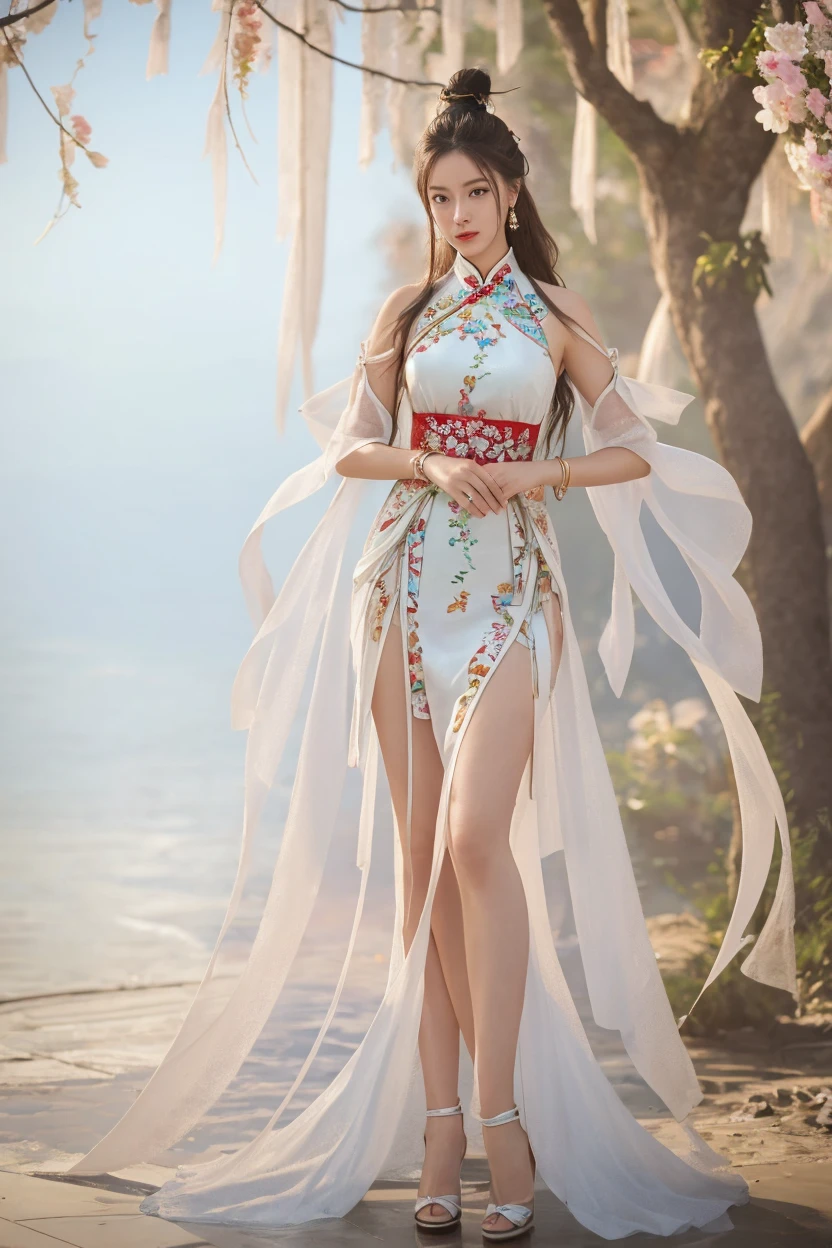 Ultra high quality,tmasterpiece,Perfect illustration,extreme hight detail(Delicate light and shadow,The picture is highly dramatic,)zhongfenghua, 1 girl full body, show legs,White lace stockings wrap around calves,Exposed cleavage,独奏, Hanfu, flower field, blossoms, (White smoke:1.3) (realisticlying:1.4), Zen entanglement,Red, Black and white Hanfu, Tangled, offcial art, Unity 8k壁纸, ultra - detailed, Beautiful and beautiful, tmasterpiece,best qualtiy, (dynamic angle:1.4), Glowing skin, (Floating colorful flashes:1)The most beautiful forms of chaos,ellegance,Fauvistdesign,vivd colour,Romantic depth of field exotic_Dance, Half_Naked