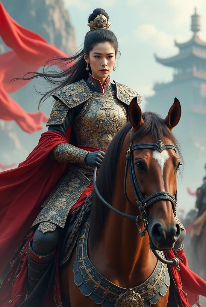 a close up of a woman with a bow and a bow on a horse, mongol, guan yu, genghis khan, inspired by Hu Zaobin, chinese warrior, zhao yun, photo of genghis khan, bian lian, inspired by Wu Bin, inspired by Huang Shen, inspired by Cao Zhibai, feng shu, chinese three kingdoms, yang qi, Highly detailed CG unit 8k wallpaper, masterpiece, High resolution, highest quality, highest quality real texture skin, Super Real, Digital Painting, Best image quality, 最High resolution, 8k, (((Highly detailed eyes and face, Beautiful eyes every detail))), profile, light brown hair,  disproportionate breasts, huge breasts, sagging breasts, gigantic breasts, erect nipple, clevage cutoff, 