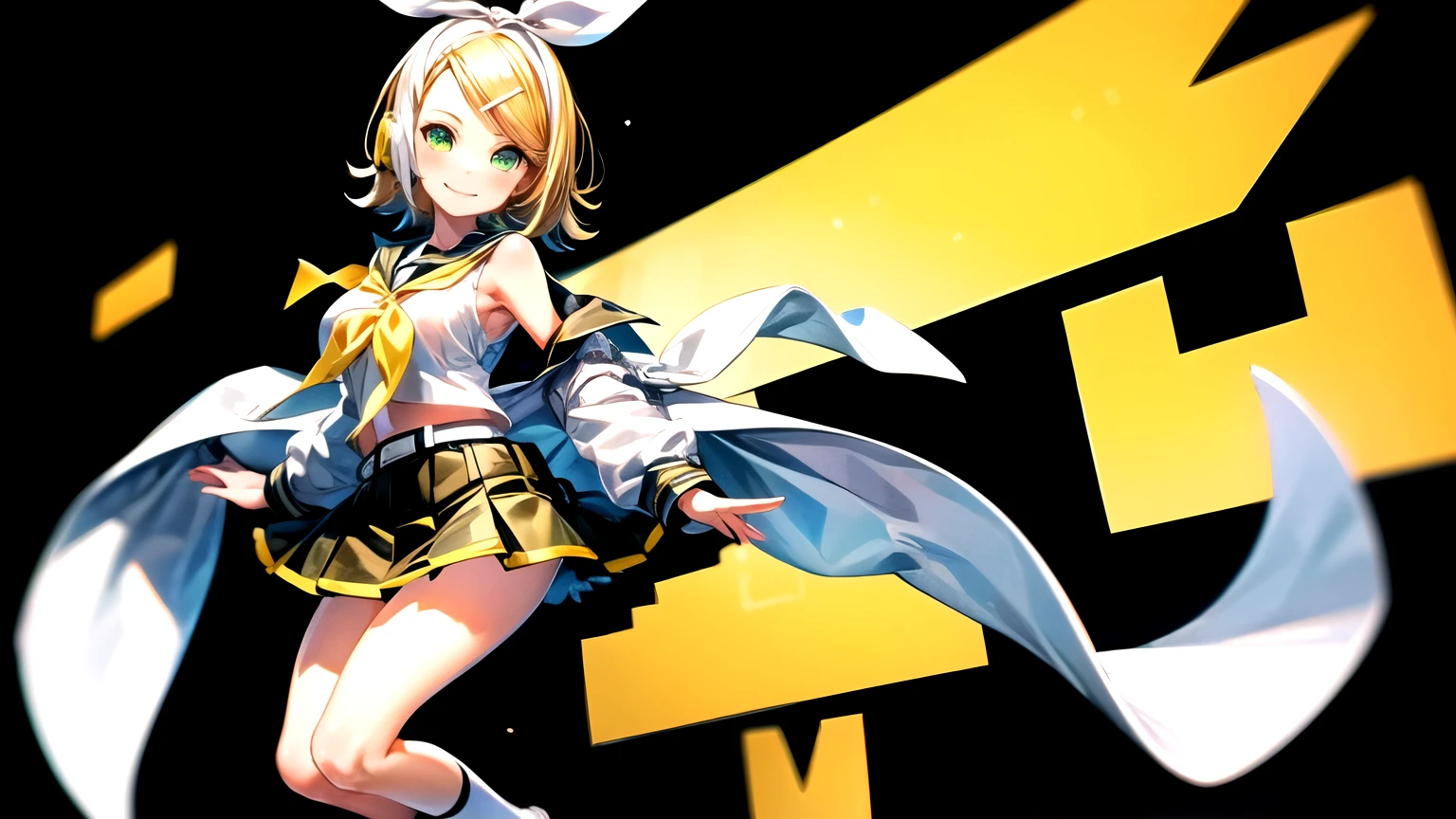 1girl, solo, Hoshino Ruby, symbol-shaped pupils, (left star-shaped pupils:1.2), sparkling eyes, (star in left eye:1.2), symbol in eye, red eyes, long hair, blonde hair, bangs, blush, (side ponytail:1.1), on the stage, idol, dancing, spotlight, smile, (masterpiece:1.2), highres, best quality, 8k, very clear,(pikachu (cosplay):1.2), pikachu (cosplay):1.2, pikachu earsbrown boots, :d, medium breast