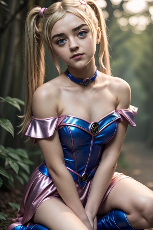 young blonde maisie williams in a dark magician girl costume from yugioh, (pink and blue outfit, bare shoulders, short outfit, shiny costume, strapless), (very long hair, blonde hair, straight hair, long_pigtails), stunning sexy pose, magic_colorful_background, (beautiful face, gentle closed-mouth grin), not_wearing_a_necklace, looking up at viewer, high resolution, female, 4k, full-body_shot 