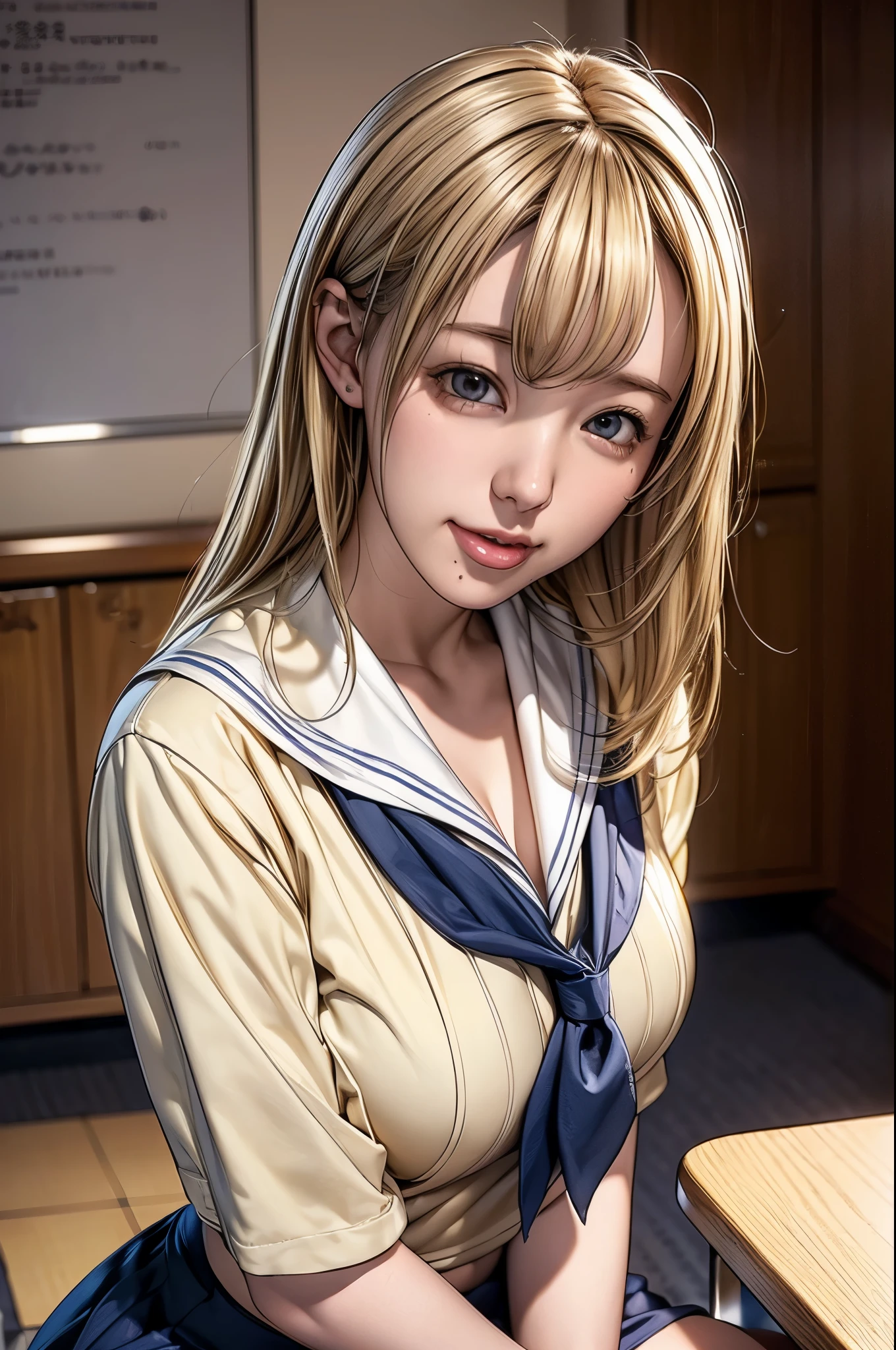 (RAW Photos), (Realistic), (Photorealistic), Ultra-high resolution, masterpiece, Highest quality, Portraiture, facial Portraiture, Perfect lighting, Detailed lighting, Dramatic Shadows, A young woman, solo, wearing a sailor uniform, sitting in a classroom, (School 1.5 in the background), (Serious expression, Hot 1.5), (highest quality: 1.1), (masterpiece: 1.3), with an unparalleled masterpiece, Surreal 8K, Perfect artwork, Super detailed, highest quality, masterpiece 4K wallpaper aesthetics, masterpiece, Award-winning works, Official Art, Cinema Lighting, Small Breasts, long straight hair, (((blonde hair))), (((Mouth half open))), ((smile)),