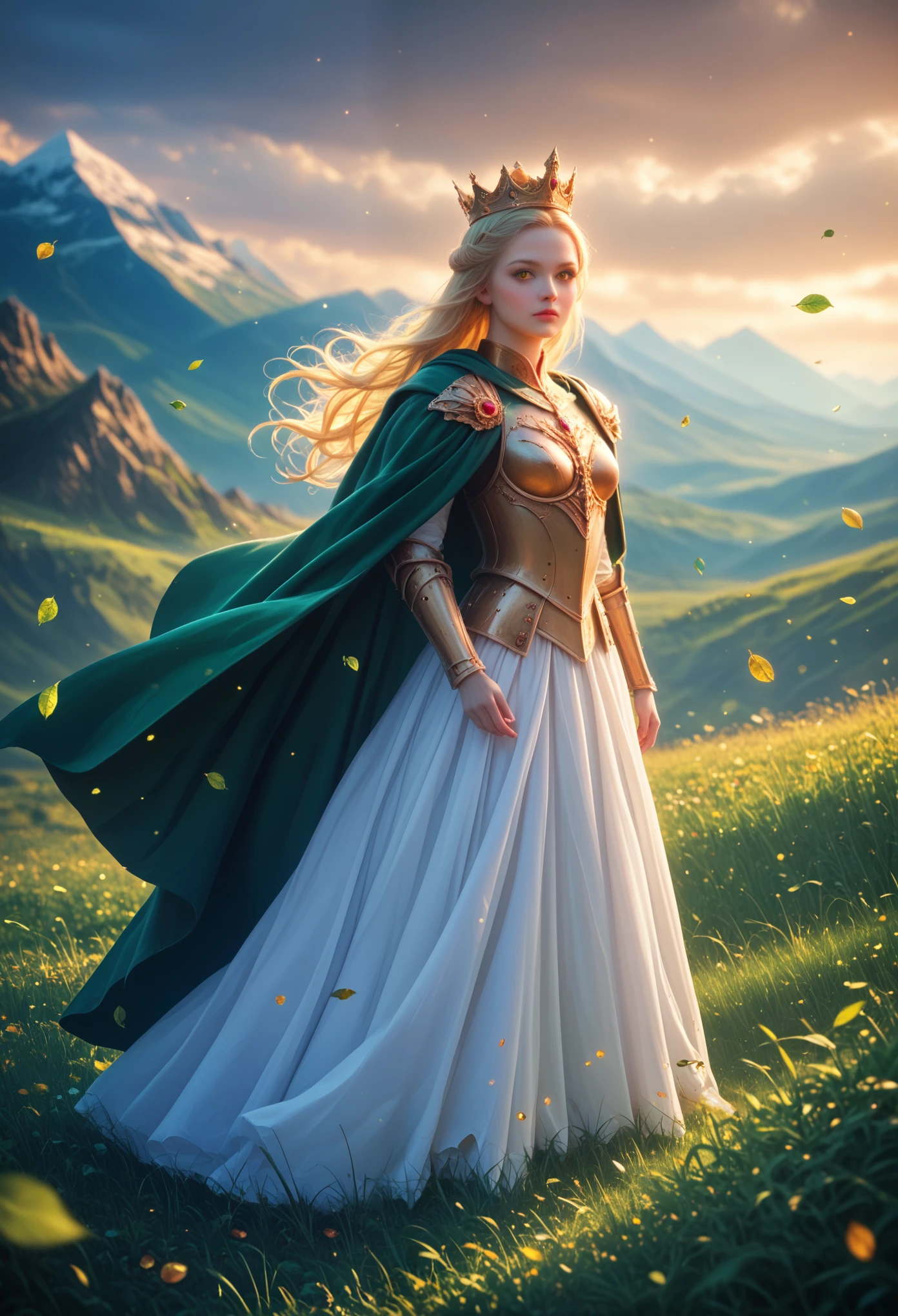 top quality, masterpiece, ultra high resolution, Realistic, Hadesstyle, young woman, Princess, sexy, Long hair, Short blonde hair, amber eyes, Armor of the Imperial Prince, cloak, depth of field, Maximum Details, mountain background, beautiful landscape, full height, There stands majestic, on the head is a small crown with gems, Green Grass with Leaves, Lianas, Very Beautiful and Detailed Background, bright colors, Game of Shadows, complex details,