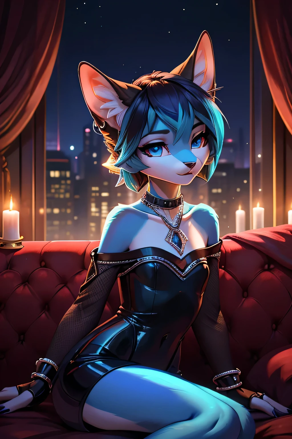 **Prompt:** A beautiful, (masterpiece), high quality, perfect lighting, highly detailed CG Unity 8k wallpaper, high resolution, perfect lighting, youthful, adolescent, tall, slim, skinny, frail slender figure, slim legs, distinctly feminine figure, narrow hips, long legs, close-up shot of a unique female cat character. She has luxurious, glossy black fur with subtle iridescent blue highlights that catch the light beautifully. Her hair is a striking electric blue, styled in a short, edgy pixie cut that contrasts sharply with her dark fur. Her eyes are a vivid, piercing green, large and captivating, with a playful yet mysterious glint.
She is dressed in a chic, contemporary outfit: a sleek, off-the-shoulder black top with mesh sleeves, paired with high-waisted leather pants that fit her slim figure perfectly. Her accessories include a silver chain necklace, a pair of hoop earrings, and several rings adorning her fingers. She carries a stylish crossbody bag with metallic accents, and wears a pair of fingerless gloves.
The character is posed in a relaxed, intimate moment, lying on her side on a luxurious velvet chaise lounge, propped up on one elbow with her head resting on her hand. Her other hand is casually draped over her hip, fingers lightly gripping the edge of the lounge. Her expression is one of relaxed confidence, with a slight, knowing smile and half-lidded eyes that suggest she is deep in thought or enjoying a private moment. The background is softly blurred, focusing on her elegant features and stylish outfit, with hints of a lavish, modern interior adding to the sophisticated atmosphere. in heat, sexy scene, panting, heavy breathing