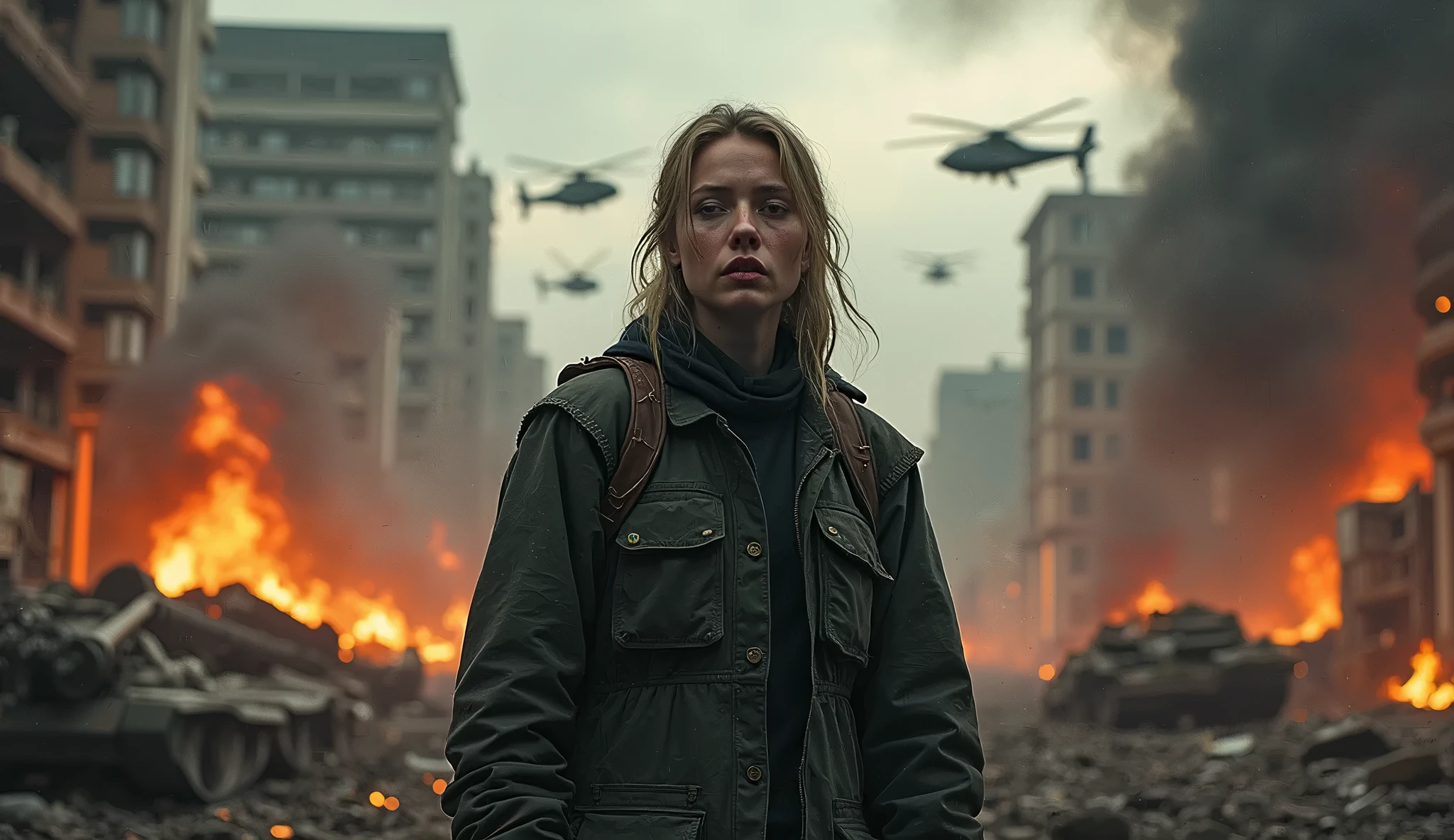 Girl with machine gun attacking zombie hordes in devastated city,explosions,loimu,