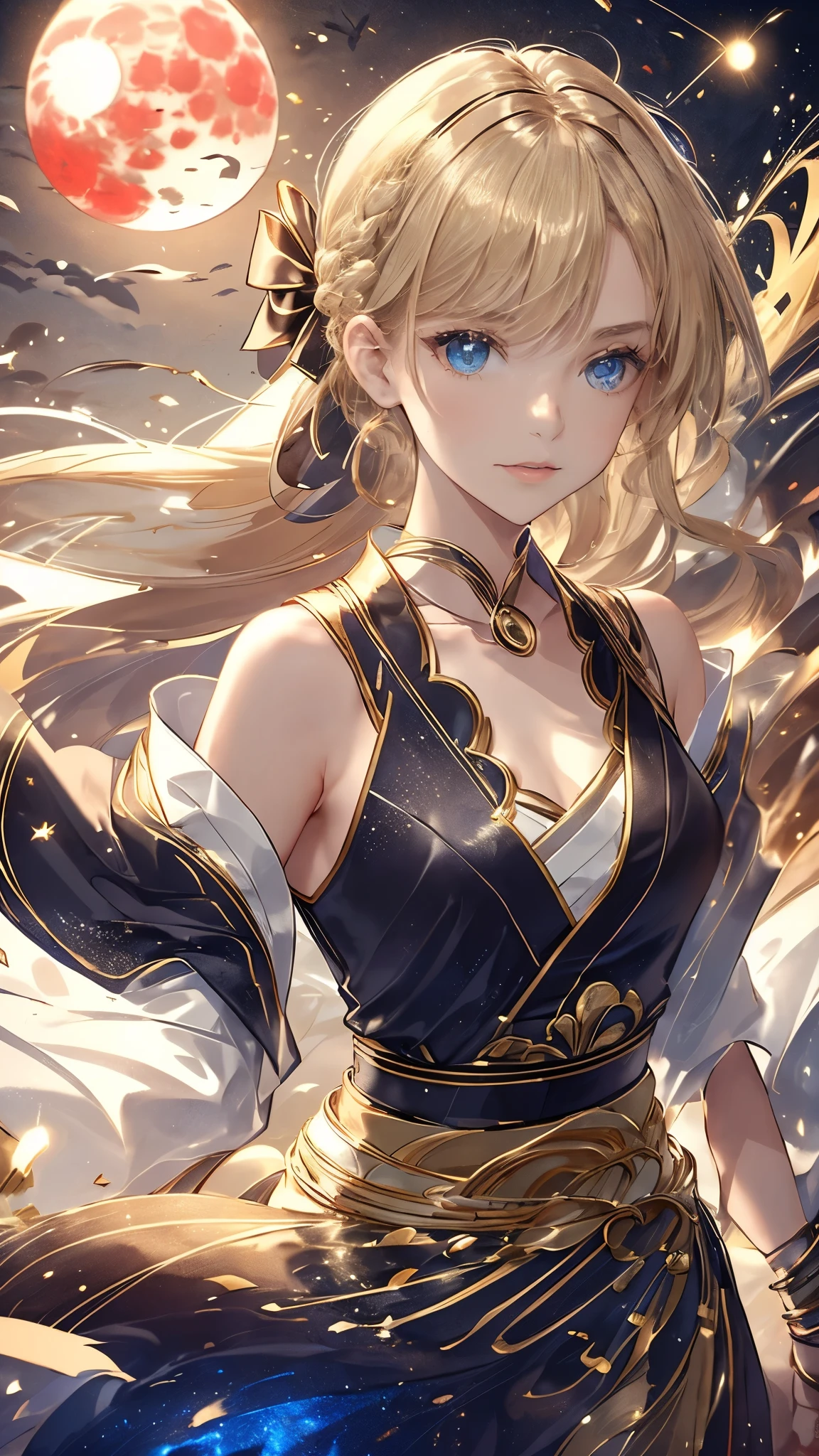 (The big red moon shines,age girl looking at the big red moon, Soft lips, Glowing Skin, Braided Hair, Soft leather:1.25, hair ribbon,,she:1.25),(8k, Best Quality, masterpiece:1.2, masterpieceHighly detailed, Very detailed), Vibrant colors, Line art,Full Body Shot,Dance,Fluttery clothes。,Countless lights fly freely,Hold your sword,Ceremonial Sword of Light,The trajectory of the sword shines,She is wearing something that looks like a mix between a long skirt and a kimono.,blonde,Sleeveless,Manipulating and collecting light