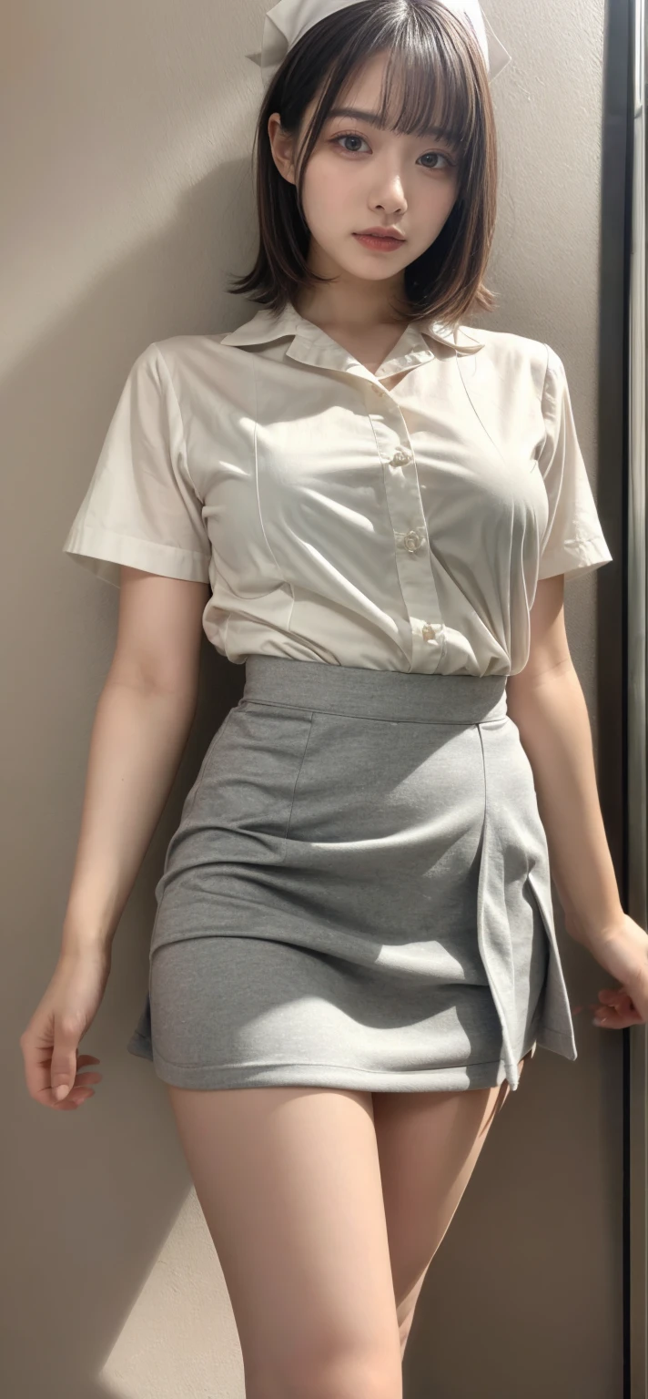 ((highest quality, 8K, Representative works in detail, ultra high resolution)), (group photo), (looking at the viewer), (middle shot:), Five attractive businesswomen,5 women, a little chubby:0.25, white short sleeve collared shirt, gray skirt, mini skirt(officeの机にあぐらをかいて座っている)), smile, office、very short skirt