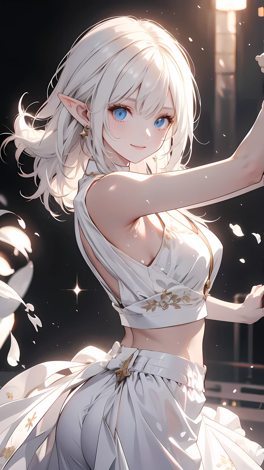 masterpiece, Best Quality ,Beautiful woman ,Outdoor((best quality)), ((masterpiece)), (detailed), perfect face, high detailed eyes, elf, pointy ears, forehead mark, evil smile, white hair, tanned skin, dark skin, dancer, Sensual dance, sensual poses, sweaty skin, torrents of light, Frenzy, trance state, 