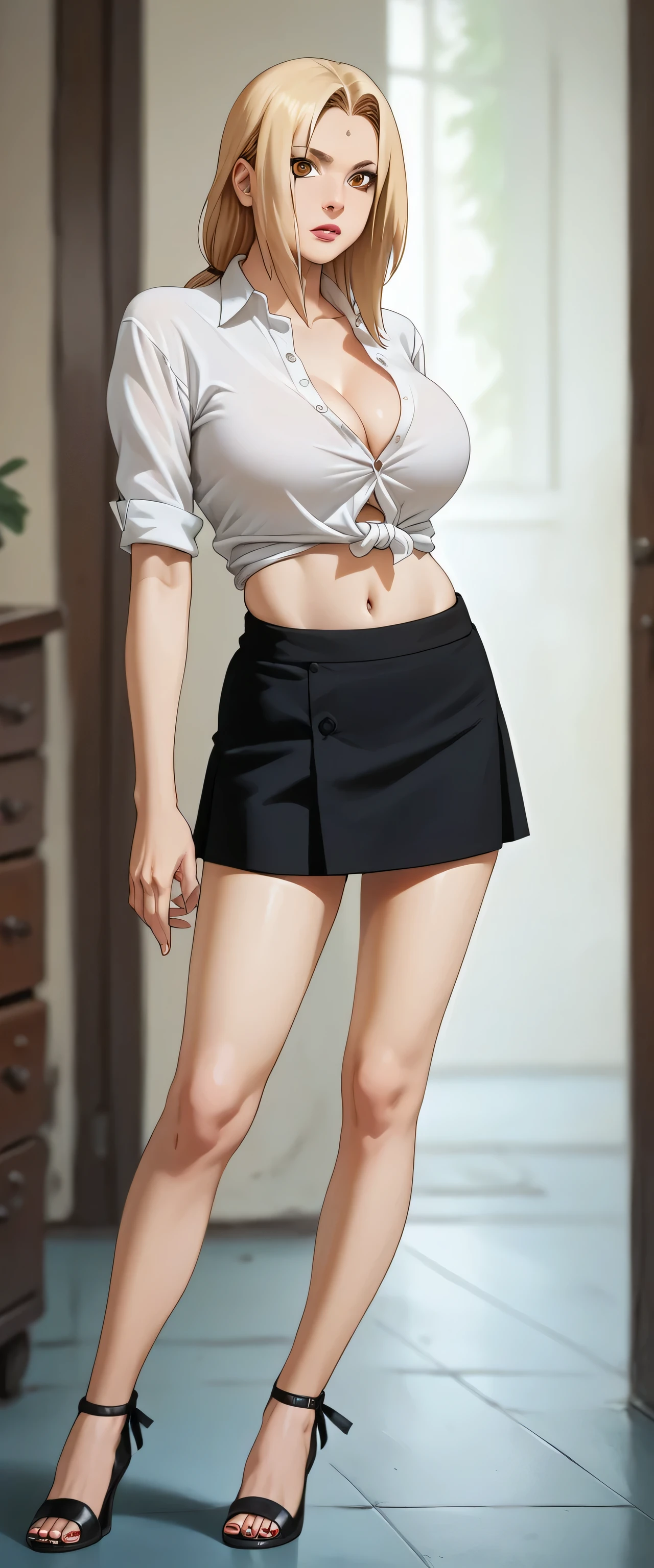 A tall sexy sensual beauty woman with big breasts, long yellow blonde hair, brown eyes, wears a white button-down shirt tied with a knot, showing her belly button and a short black skirt with black heels