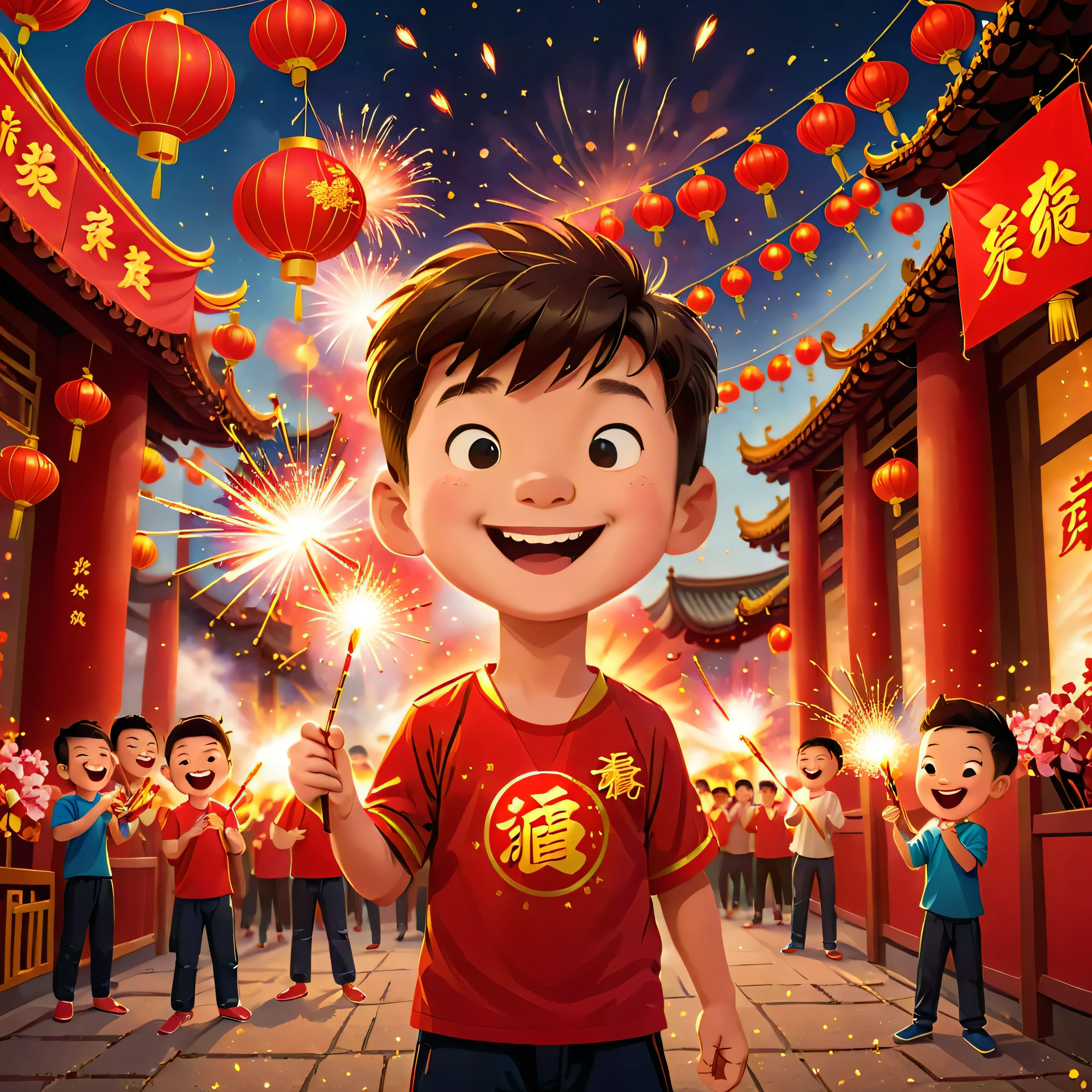 1 boy holding firecrackers,smiling,chinese new year,lanterns,fireworks,sparks,red and gold color scheme,cinematic lighting,highly detailed,photorealistic,8k,masterpiece