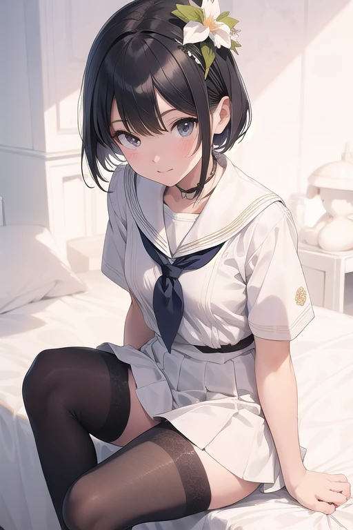 masterpiece, photograph，Best Quality, Super detailed, The finer details, High resolution, 8k,wallpaper, Perfect Dynamic Configuration,(Detailed high quality, Realistic eye depiction:1.3), ，Cute type，Thin legs, Gravure idol, White Sailor Suit, Short sleeve, Navy blue pleated skirt, Black pantyhose，Sitting, Both knees up，Leg spread，Short Bob Hair,White headband，Being thin，Small breasts, Black Hair