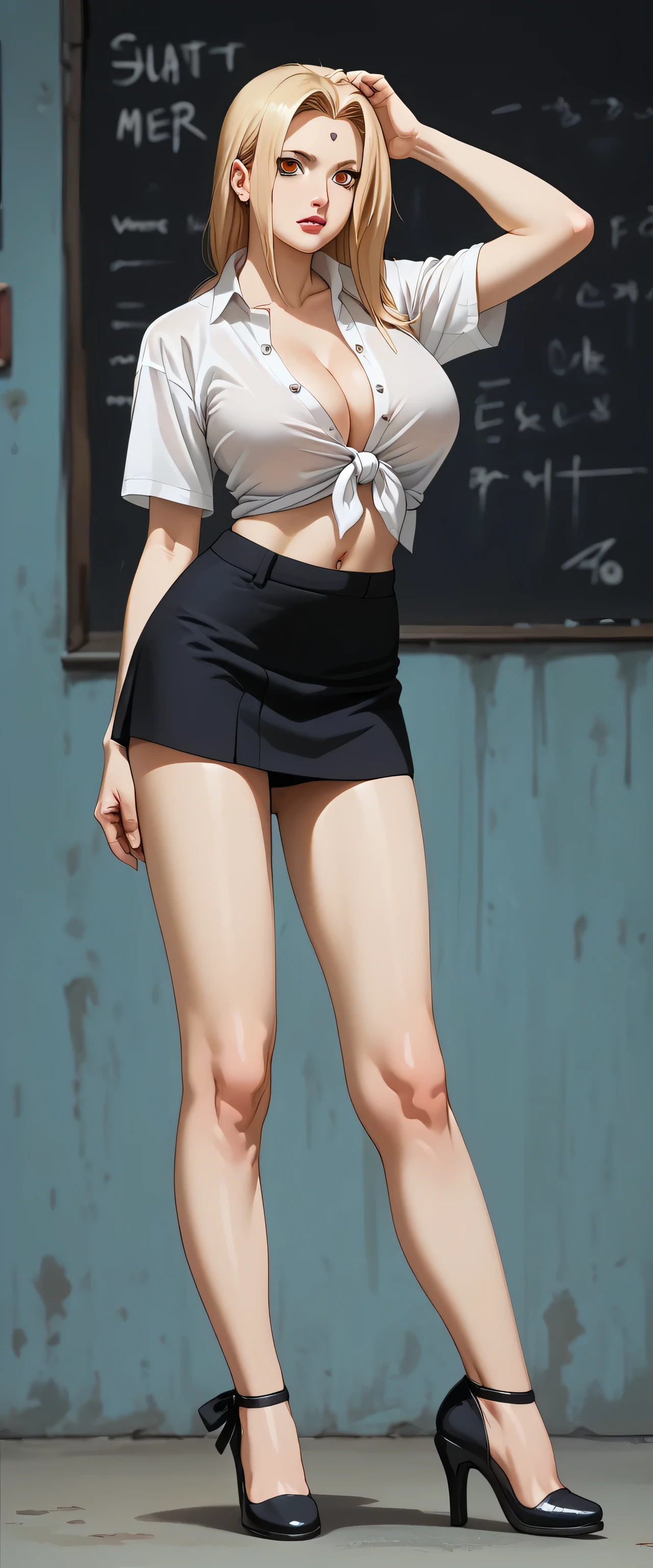 A tall sexy sensual beauty woman with big breasts, long yellow blonde hair, brown eyes, wears a white button-down shirt tied with a knot, showing her belly button and a short black skirt with black heels