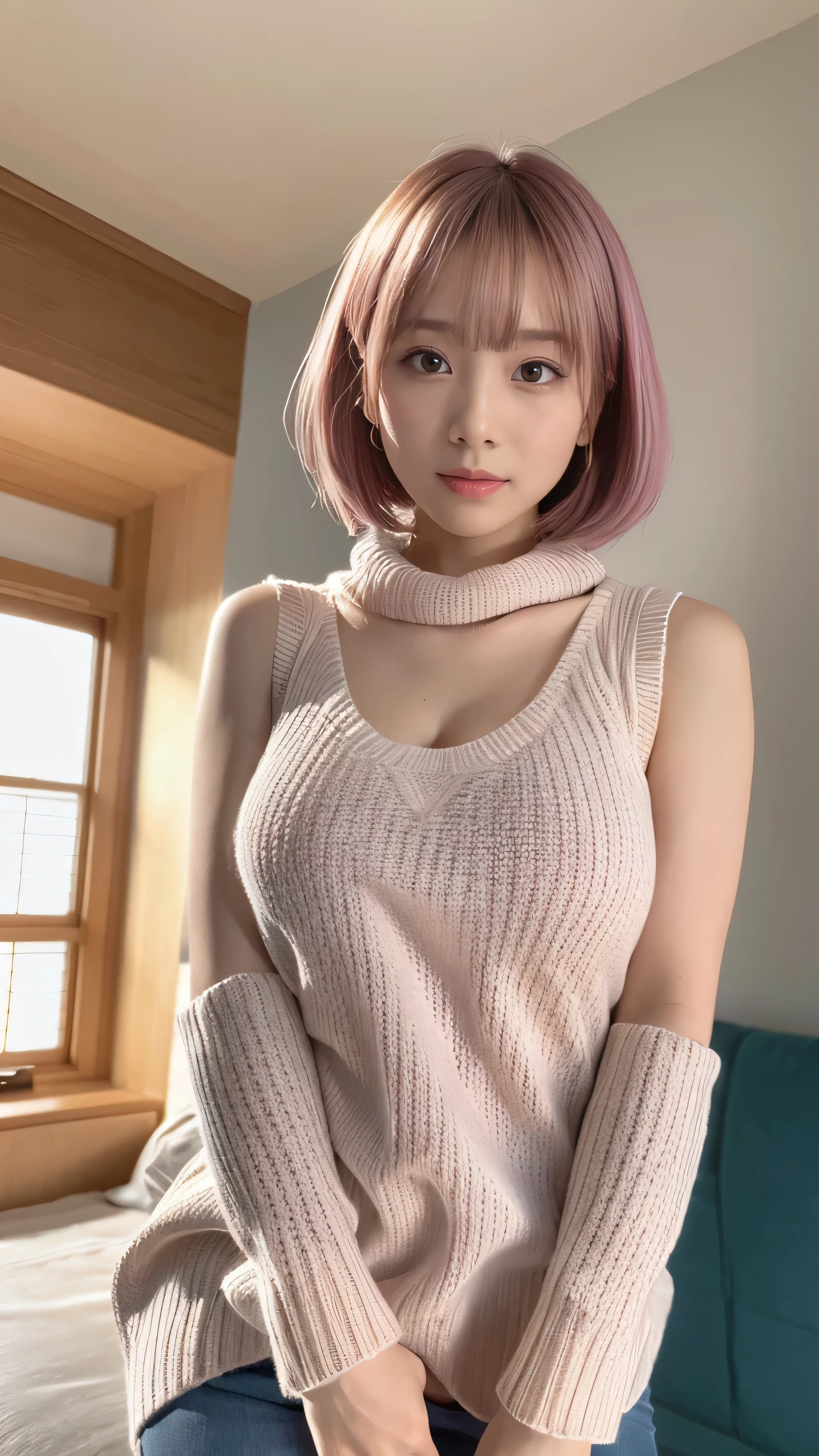 Masterpiece, Woman in magenta turtleneck sweater and marshmallow pink mini shorts standing next to a riverboat with cyberpunk background, Bracelet, White hair, jewelry, letterboxed, Lips, Live hair, Makeup, gigantic cleavage breasts, midriff, nail_Polish, navel, Friendship charm, nase,   Realistic, Shorts, Solo, tattoo,arms  cuffs, Dynamic lighting, Ambiance Lighting, Perfect eyes, Sharp focus, 8K high definition, insanely details, Intricate
