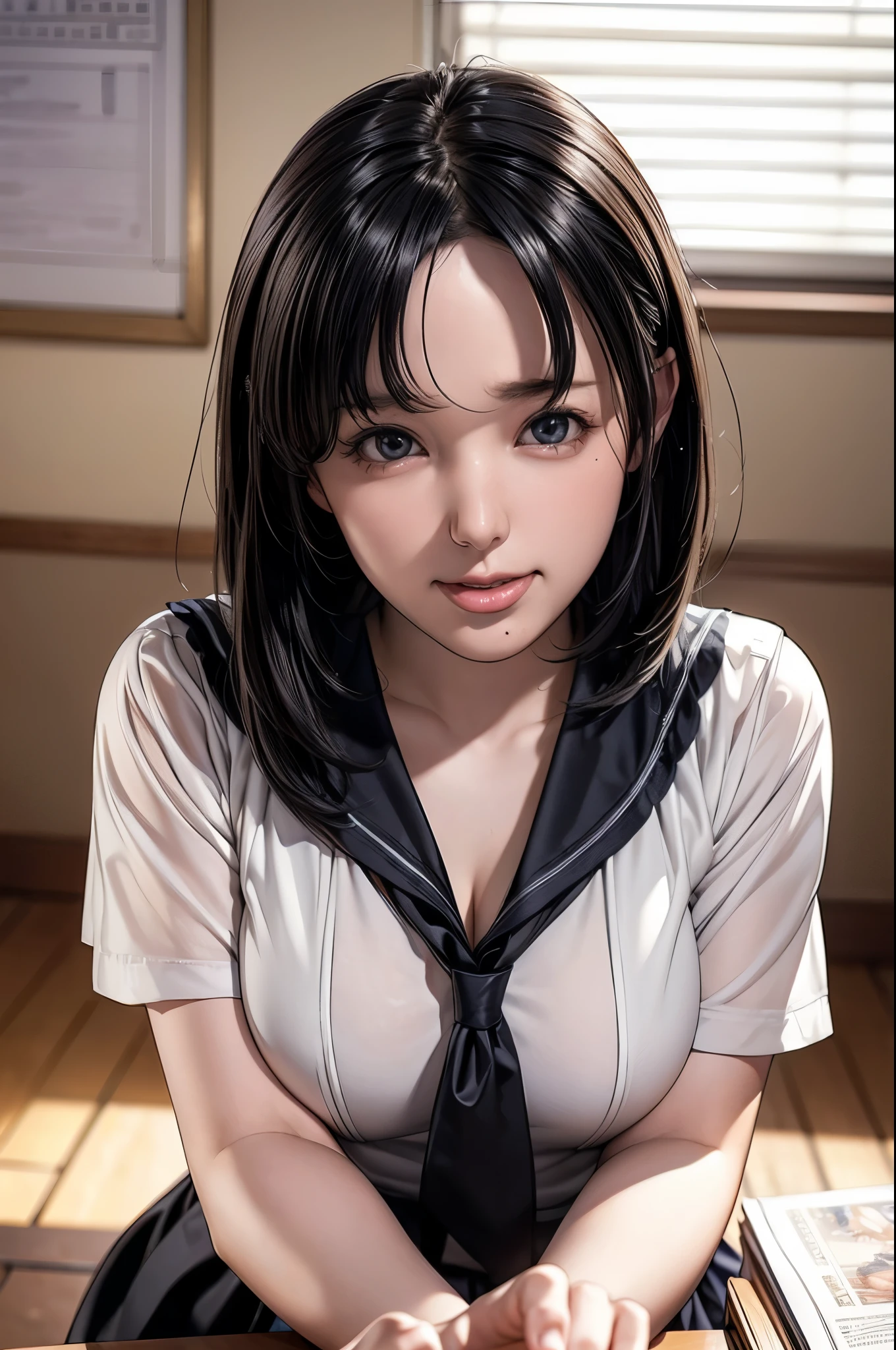 (RAW Photos), (Realistic), (Photorealistic), Ultra-high resolution, masterpiece, Highest quality, Portraiture, facial Portraiture, Perfect lighting, Detailed lighting, Dramatic Shadows, A young woman, solo, wearing a sailor uniform, sitting in a classroom, (School 1.5 in the background), (Serious expression, Hot 1.5), (highest quality: 1.1), (masterpiece: 1.3), with an unparalleled masterpiece, Surreal 8K, Perfect artwork, Super detailed, highest quality, masterpiece 4K wallpaper aesthetics, masterpiece, Award-winning works, Official Art, Cinema Lighting, Small Breasts, long straight hair, (((black hair))), (((Mouth half open))), ((smile)),