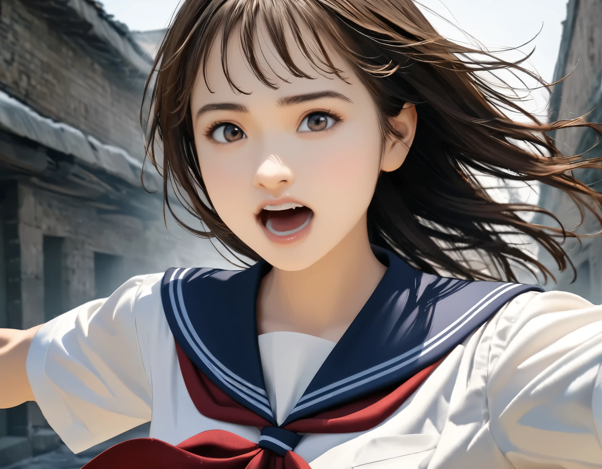 (best quality, 8k, high resolution:1.2), 1girl, school uniform, Run, outstretched arms, portrait, break, Fist of the North Star: The Legend of the Savior at the End of the Century