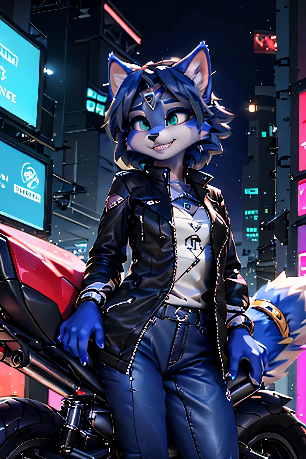 A beautiful and detailed (sweet portrait) wa ((Krystal)), Star Fox Krystal, sslim, lovable, green eyes, medium breasts, (((Long blue hair 1.3))),  ((black hair tips)), Decollete, grin, look up,, anthro, furry, Uploaded E621, detailed fluffy fur, (wa Fluff-Kevlar, Bayard Wu, Personalami, Pino Daeni), detailed face, (fluffy), 1 girl, alone, sweet girl, lederjacke, fährt motorrad, lederkombi
