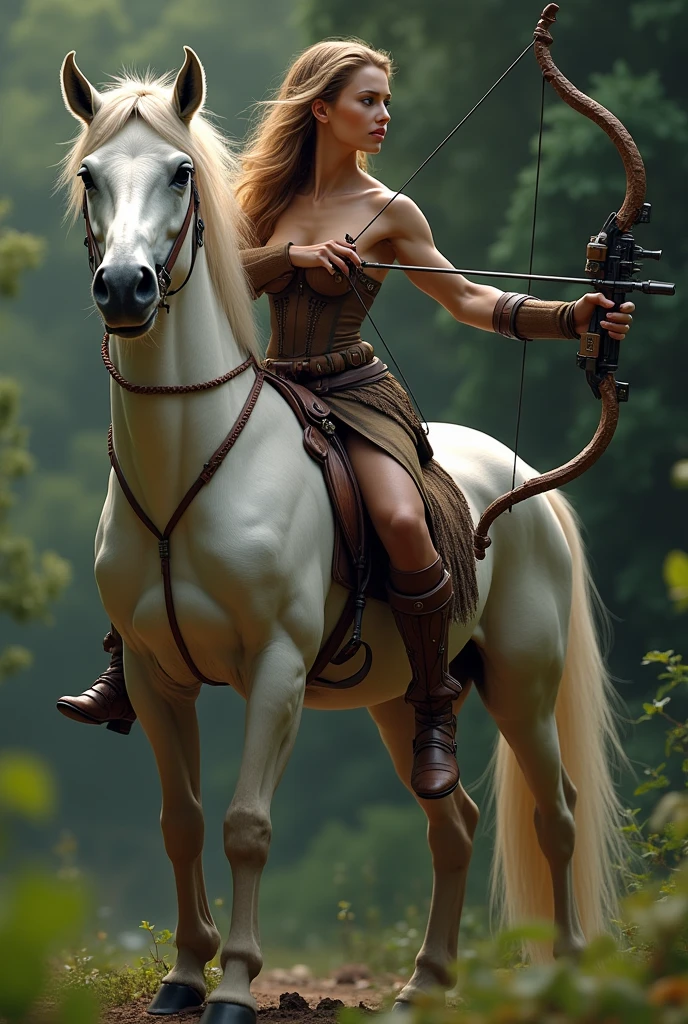 General plan, Plan d'ensemble, Very beautiful centaur, She is armed with a very realistic modern hunting crossbow (detailed and realistic), photorealistic