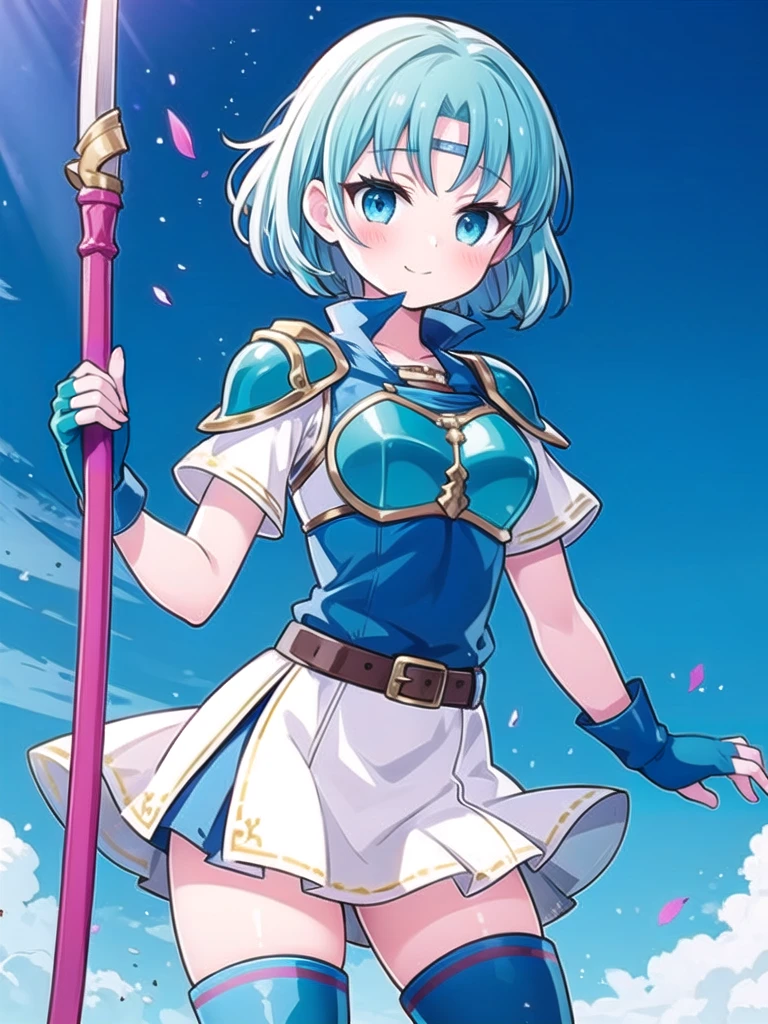 1girl, solo, masterpiece, best quality, perfect hands, blush, thea, cyan hair, short hair, blue dress, blue elbow gloves, belt, blue fingerless gloves, armor, blue thigh boots, short dress, side slit, blue breastplate, headband, pegasus knight uniform \(fire emblem\), smile, spear, parted bangs, pkuniform, white skirt, thigh boots, sexy pose, holding, spear, holding spear, short sleeves, blue eyes, miniskirt, zettai ryouiki, closed mouth, pleated skirt, thighhighs, gloves, fingerless gloves, shoulder armor, circlet, pauldrons