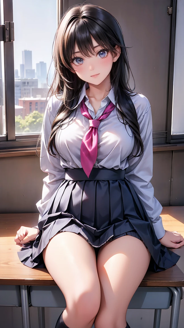 A woman in stockings is tied to a desk, hyperRealistic high school girl, a hyperRealistic high school girl, Cute school girl, High school girl pose, Realistic high school girl, Wearing a skirt and knee-high socks, wearing Japanese school girl uniform, Japanese girls uniform, Knee socks and skirt, Japanese school girl uniform, Young and sensual gravure idol, Young slim gravure idol