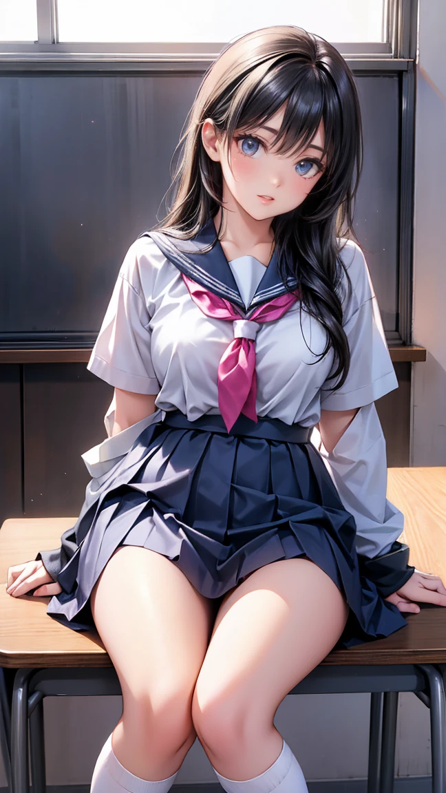 A woman in stockings is tied to a desk, hyperRealistic high school girl, a hyperRealistic high school girl, Cute school girl, High school girl pose, Realistic high school girl, Wearing a skirt and knee-high socks, wearing Japanese school girl uniform, Japanese girls uniform, Knee socks and skirt, Japanese school girl uniform, Young and sensual gravure idol, Young slim gravure idol