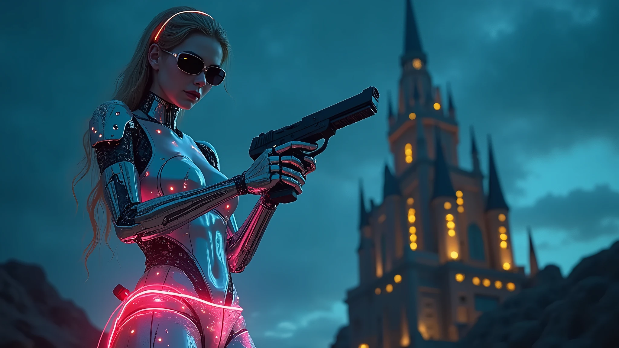Futuristic woman holding a gun in front of a castle at night - SeaArt AI