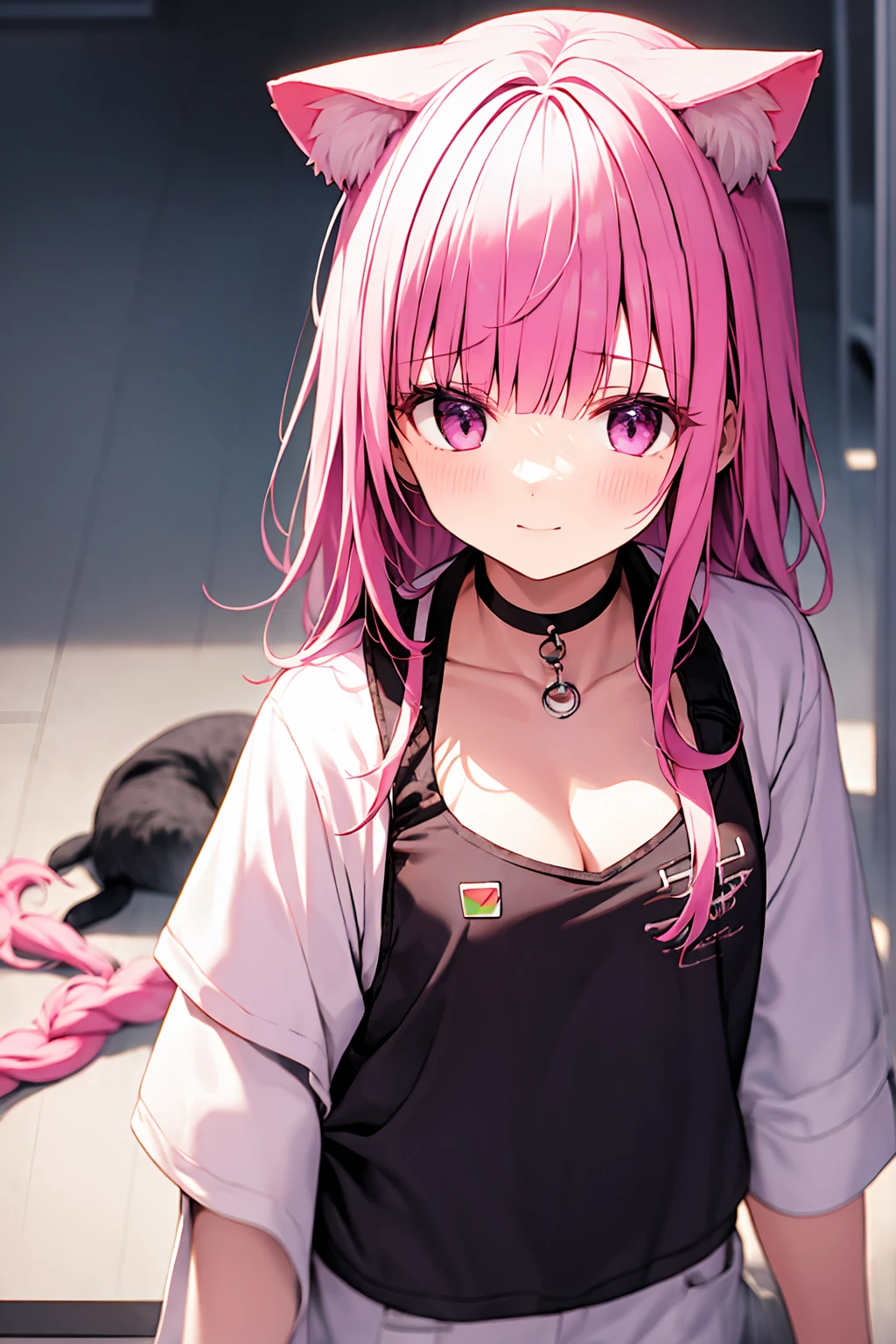 Best Quality,,Pink Hair,Wearing a uniform, Vermilion eyes,Cat ears,cute， look up, Upper Body,hair,White skin,Side braid，anime