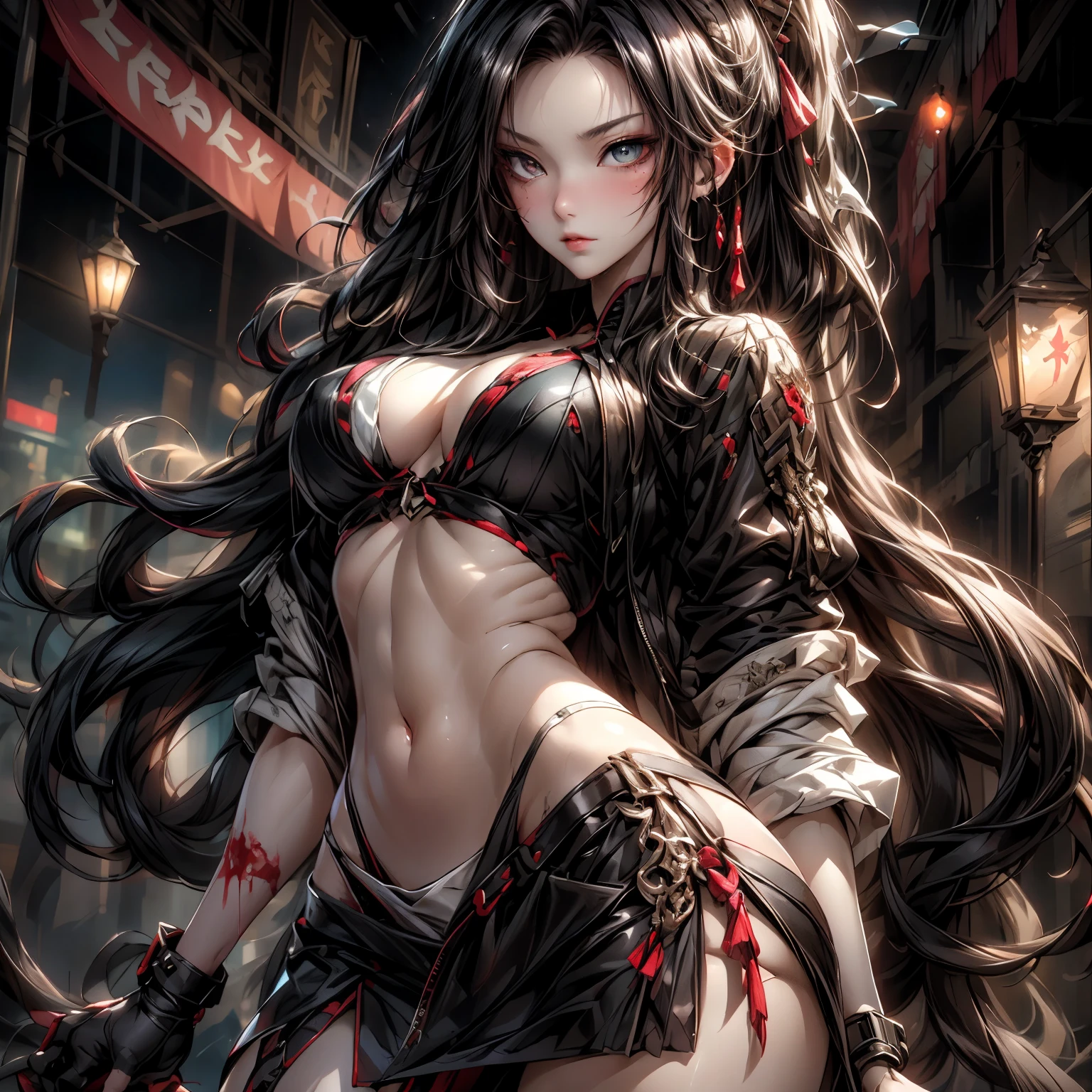  ((best quality)), ((masterpiece)), (detailed), 1girl, NSFW, small breasts, prominent collarbones, skinny arms, flat stomach, visible hip bones, long hair, ponytail, thick ponytail, heavy ponytail, red and white clothing, Bloodborne inspired, occult aesthetic, occult, detailed and intricate steampunk and detailed gothic 