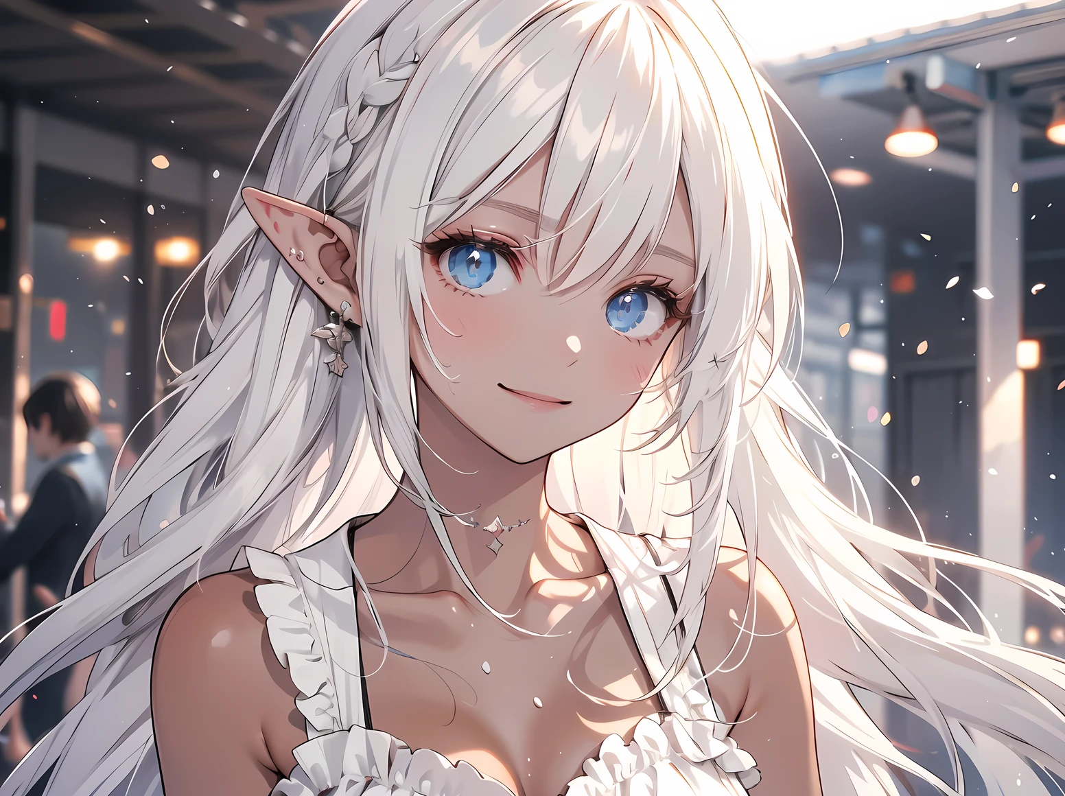 masterpiece, Best Quality ,Beautiful woman ,Outdoor((best quality)), ((masterpiece)), (detailed), perfect face, high detailed eyes, elf, pointy ears, forehead mark, evil smile, white hair, ((tanned skin)), (dark skin), dancer, Sensual dance, sensual poses, sweaty skin, torrents of light, Frenzy, trance state,