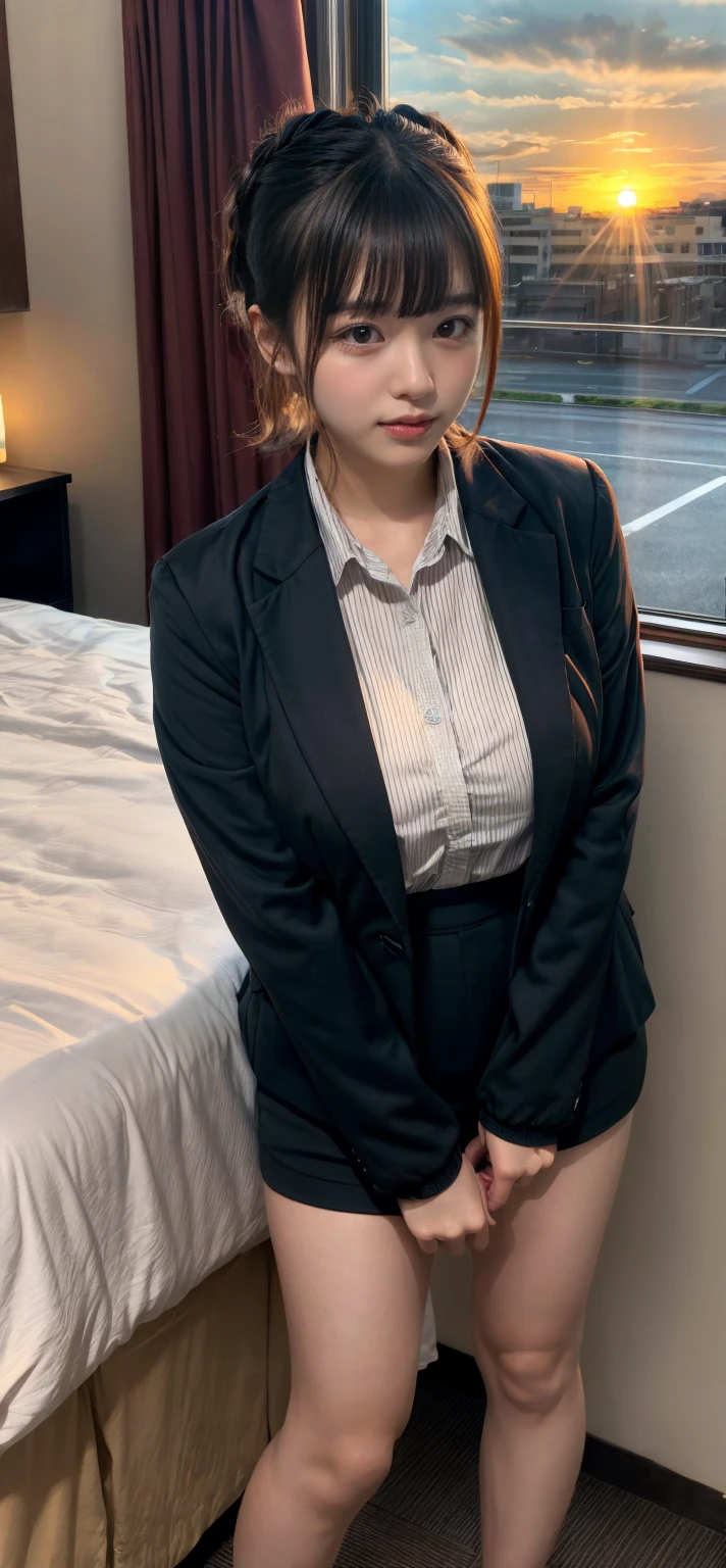 muste piece, best quality, illustration, Super detailed, fine details, High resolution, 8K,wall paper, perfect dynamic composition,(Details High quality, realistic depiction of eyes:1.3), short hair, (wavy hair:1.2), Office Lady, ,Suit,Collared shirt, Black Suit,Black jacket, huge breasts, black hair color, Big Natural Color Lip, bold sexy pose, crying a little、cold gaze, Harajuku style、20 year old girl、cute type、lolita、beautiful legs, hotel room, full body photo、focus on crotch, hposing Gravure Idol, Sexy shot looking at camera, make up, Curve