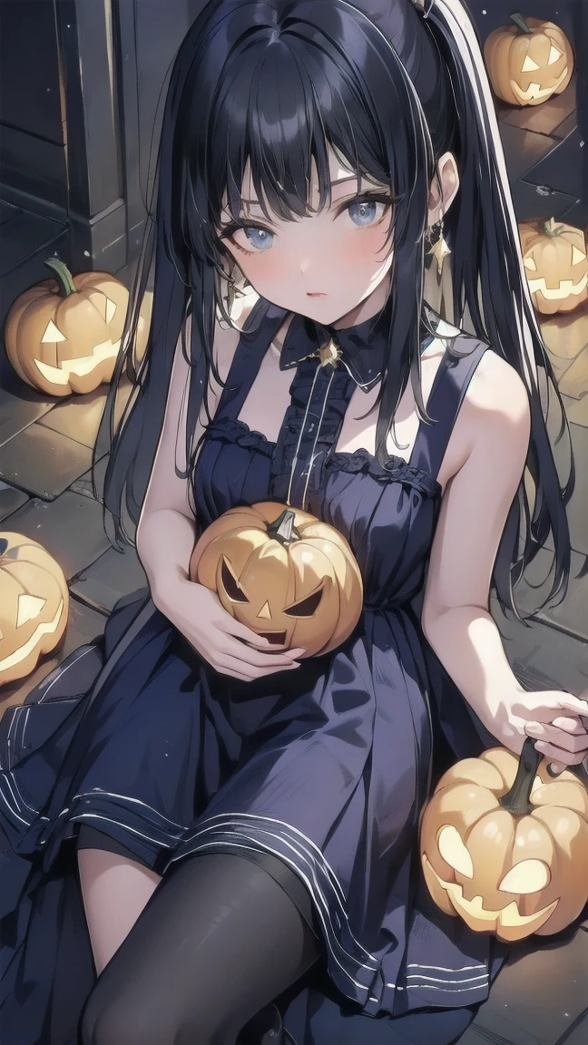 Dark hair blue eyess maid clothes Twin-tailed borgar Halloween pumpkins masterpiece Top image quality Clear anime colours cinematic shadow Increased attractiveness of the eyes Clear the shine of the eyes Draw eyelashes neatly Perfect Eye A detailed eye Sharpen image quality Sharpen eye writing Clear eye shape