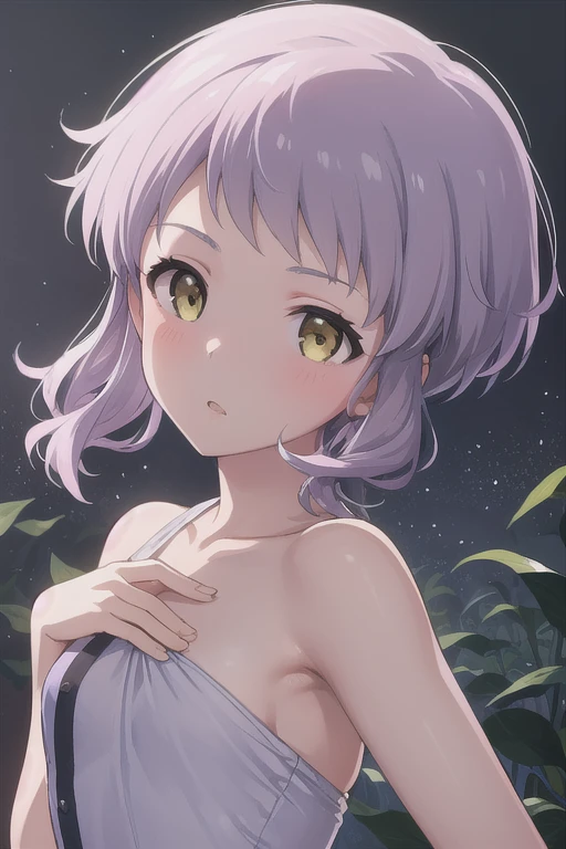 (masterpiece, Best Quality), One girl, Beautiful Face,  Cornus Macabe, Purple Hair, short hair, Yellow Eyes,Small breasts