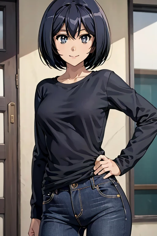 1girl, solo, (masterpiece, best quality), sakurada, black t shirt, blue pants, jeans, long sleeves, smile, grey eyes, black hair, short hair, looking at viewers, mouth open, 