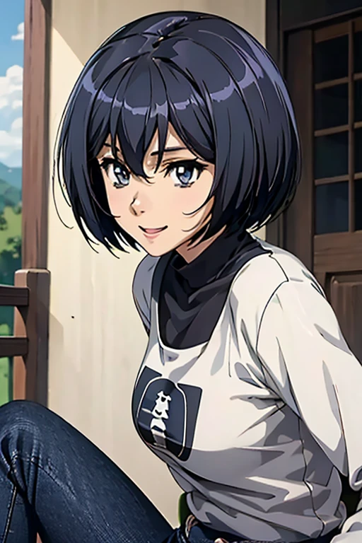 1girl, solo, (masterpiece, best quality), sakurada, black t shirt, blue pants, jeans, long sleeves, smile, grey eyes, black hair, short hair, looking at viewers, mouth open, 