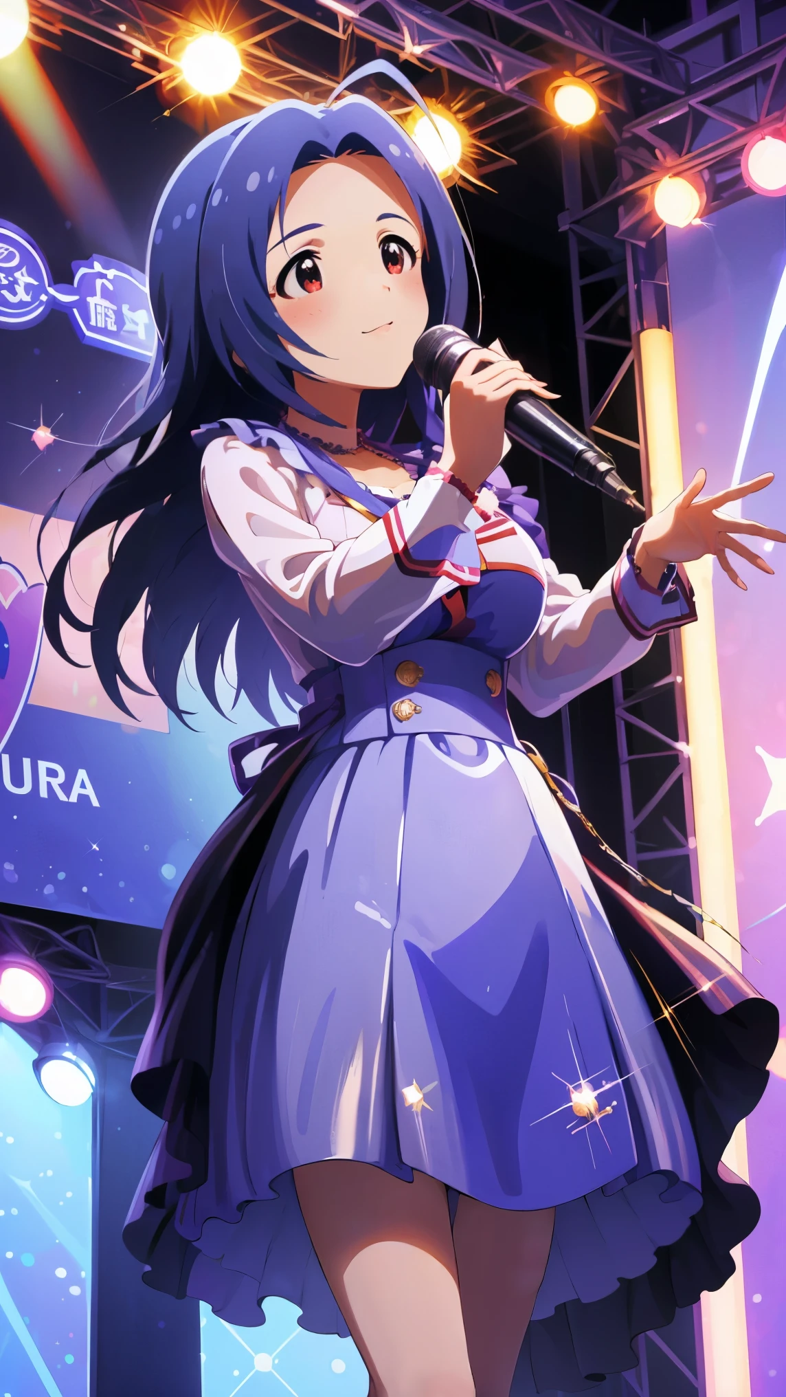 (High resolution, accurate, Best Quality, Anatomically correct, masterpiece), full body standing, 1 girl, (miura azusa), ahoge, smile, singing on the stage, hand mic, shiny glossy clothes, stage lighting, Dutch angle, lens flare, glitter effect