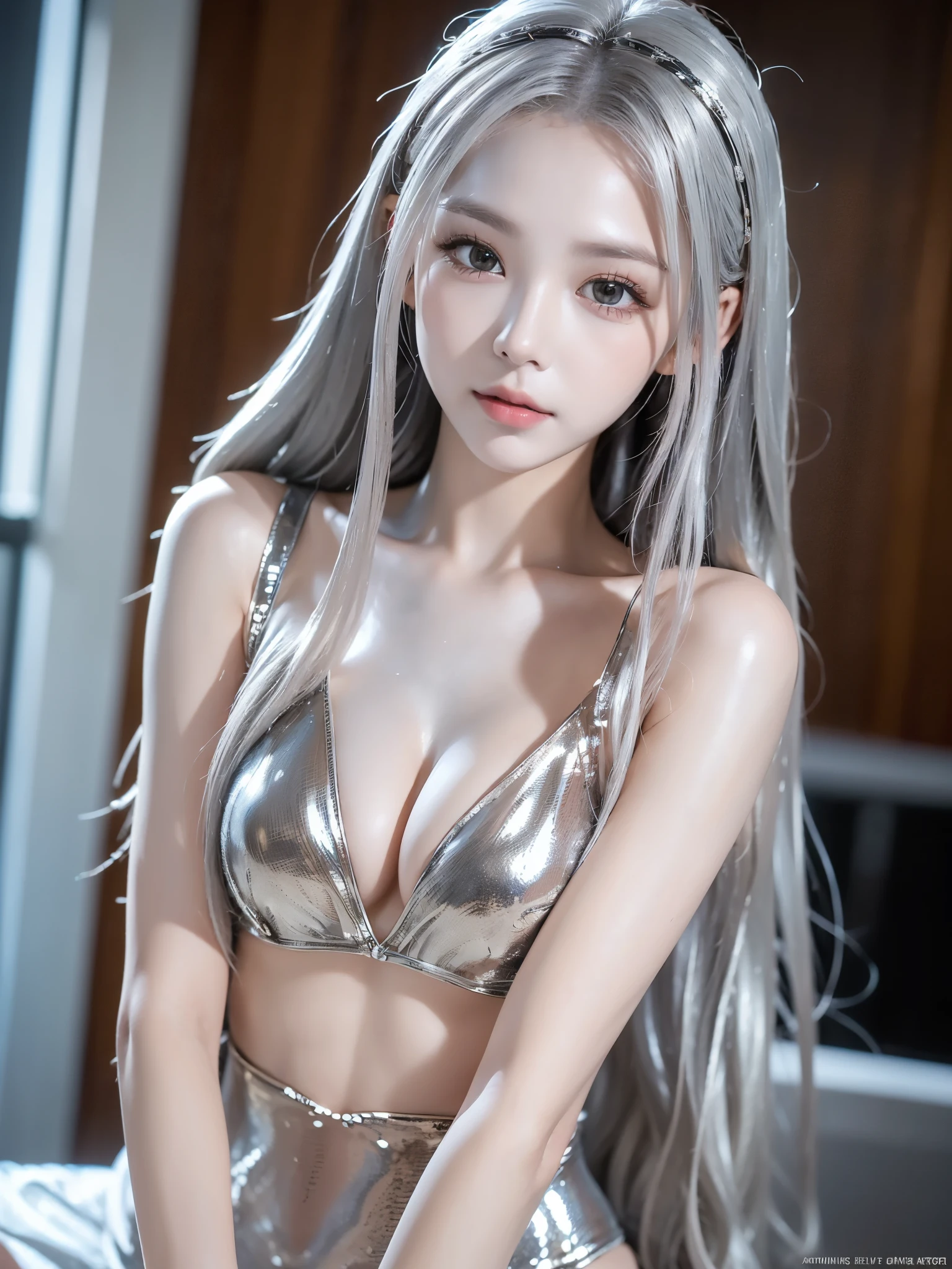 (Long silver hair:1.5),White Skin, (Micro Bikini;1.3), View from the front, Waist up shot, Professional Model, Ambient Lighting, Photorealistic, Intricate facial details, Exquisite handcrafted details, Very detailed, Vibrant colors, cinematic, High resolution, Trending Styles on Artstation Raw