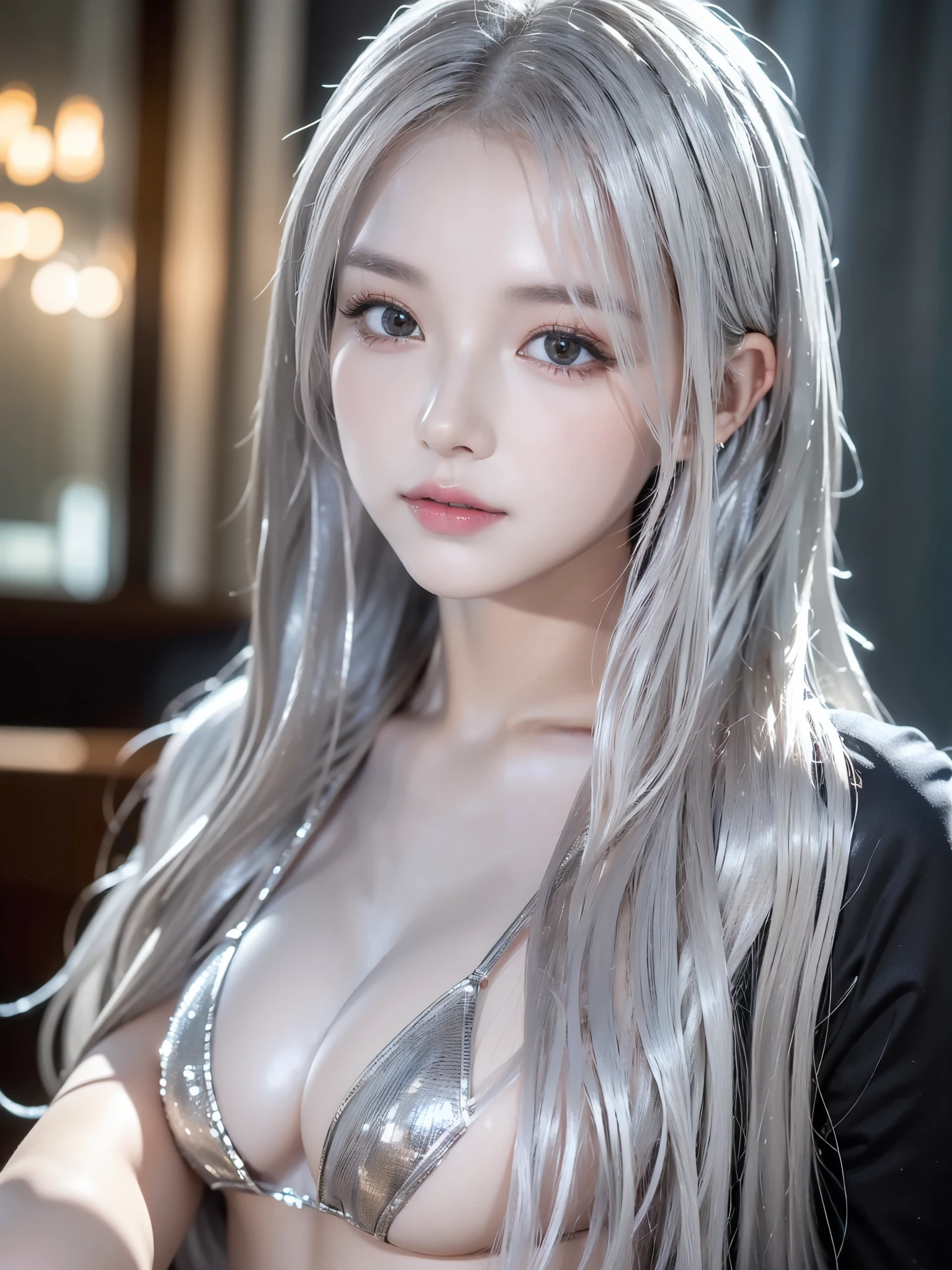 (Long silver hair:1.5),White Skin, (Micro Bikini;1.3), View from the front, Waist up shot, Professional Model, Ambient Lighting, Photorealistic, Intricate facial details, Exquisite handcrafted details, Very detailed, Vibrant colors, cinematic, High resolution, Trending Styles on Artstation Raw