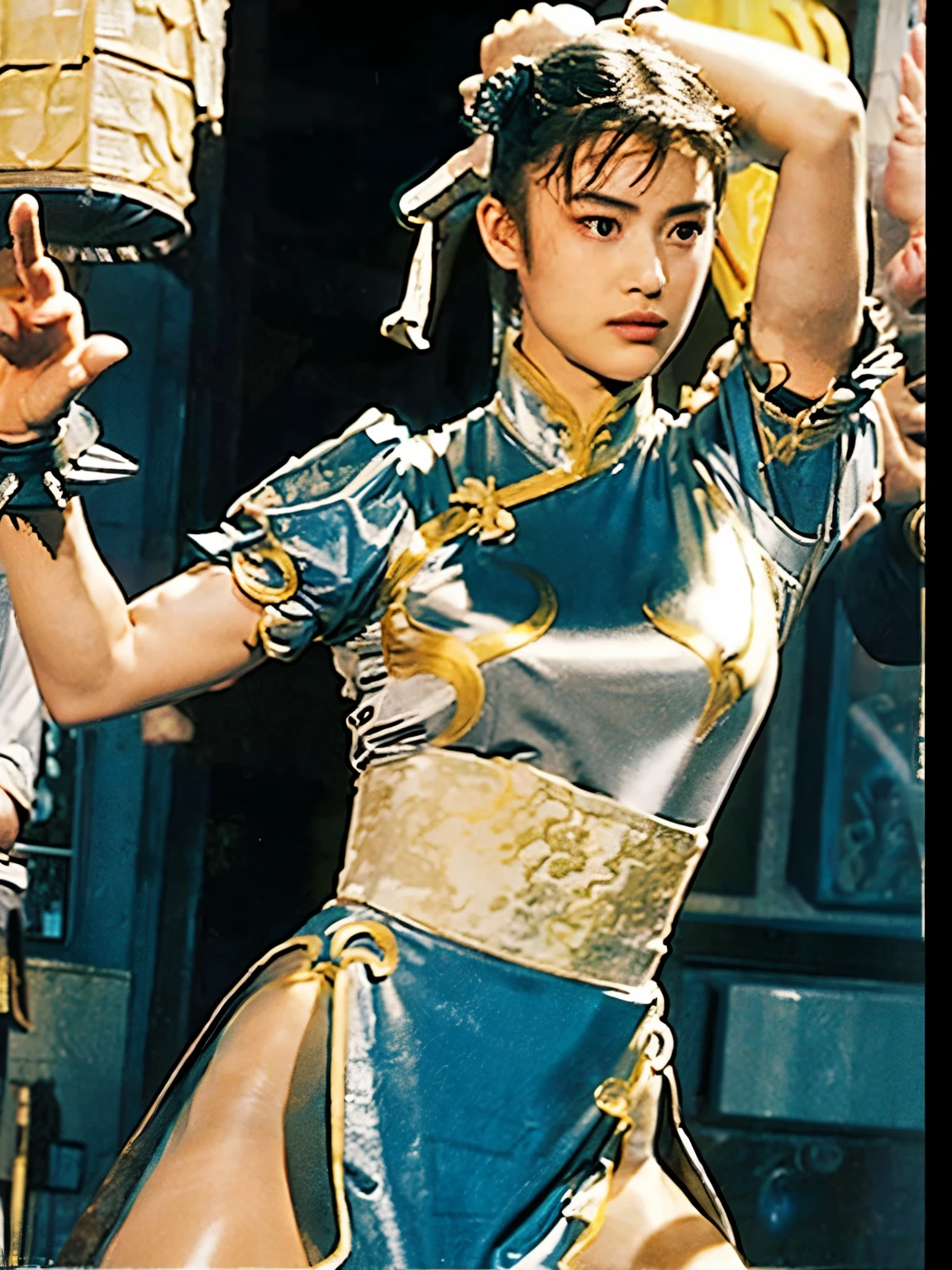 Chunli, Silver Costume, Make a poster for a martial arts movie, Hollywood Style, The facial details are accurately depicted, The details of the clothing are accurately depicted, Two white loaves, High image quality, 映画ではChunliが宿敵に敗北します, ポスターの中ではChunliが強力な敵に追い込まれている様子を描いてください, Create a dark atmosphere by depicting rain and night., Please suggest that there is a powerful enemy., The title of this movie is「Chunli無惨〜Beautiful martial artist、Fallen before his nemesis！」, Enter the movie title