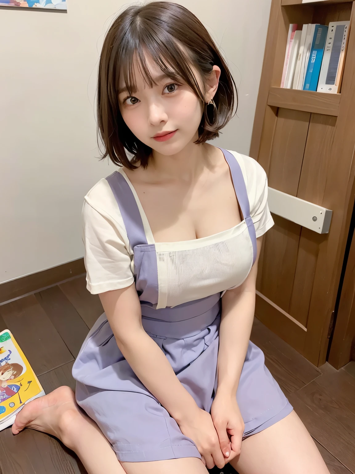 ((Top Quality, 8k, Masterpiece: 1.3)), ((1 girl)), woman, (Huge Breasts:1.2),((Lavender apron)), ((paired with a white casual shirt)), sitting on the floor surrounded by toys and picture books, Posing like a model, gold earring, (Women in Japan:1.05), ((short bob hair)), diffused natural skin glow, physically-based rendering, extra detailed face, Detailed skin, mole:0.1, In a preschool playroom, sitting on the floor with colorful toys and picture books around