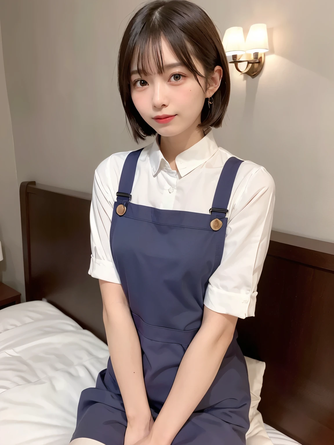 ((Lavender apron:1,4)), ((paired with a white casual shirt)), sitting on the edge of a neatly made hotel bed, ((Top Quality, 8k, Masterpiece: 1.3)), ((1 girl)), Preschool Teacher woman, (Huge Breasts:1.2),   Posing like a model, gold earring, (Women in Japan:1.05), ((short bob hair)), diffused natural skin glow, physically-based rendering, extra detailed face, Detailed skin, mole:0.1, In a luxurious hotel room, sitting on the bed with plush pillows and elegant décor around.'