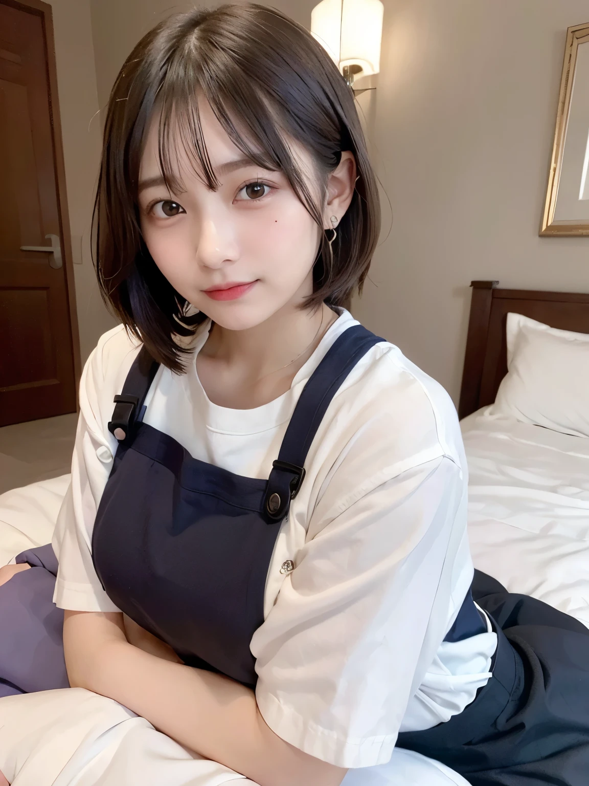 ((Lavender apron:1,4)), ((paired with a white casual shirt)), sitting on the edge of a neatly made hotel bed, ((Top Quality, 8k, Masterpiece: 1.3)), ((1 girl)), ********* Teacher woman, (Huge Breasts:1.2),   Posing like a model, gold earring, (Women in Japan:1.05), ((short bob hair)), diffused natural skin glow, physically-based rendering, extra detailed face, Detailed skin, mole:0.1, In a luxurious hotel room, sitting on the bed with plush pillows and elegant décor around.'