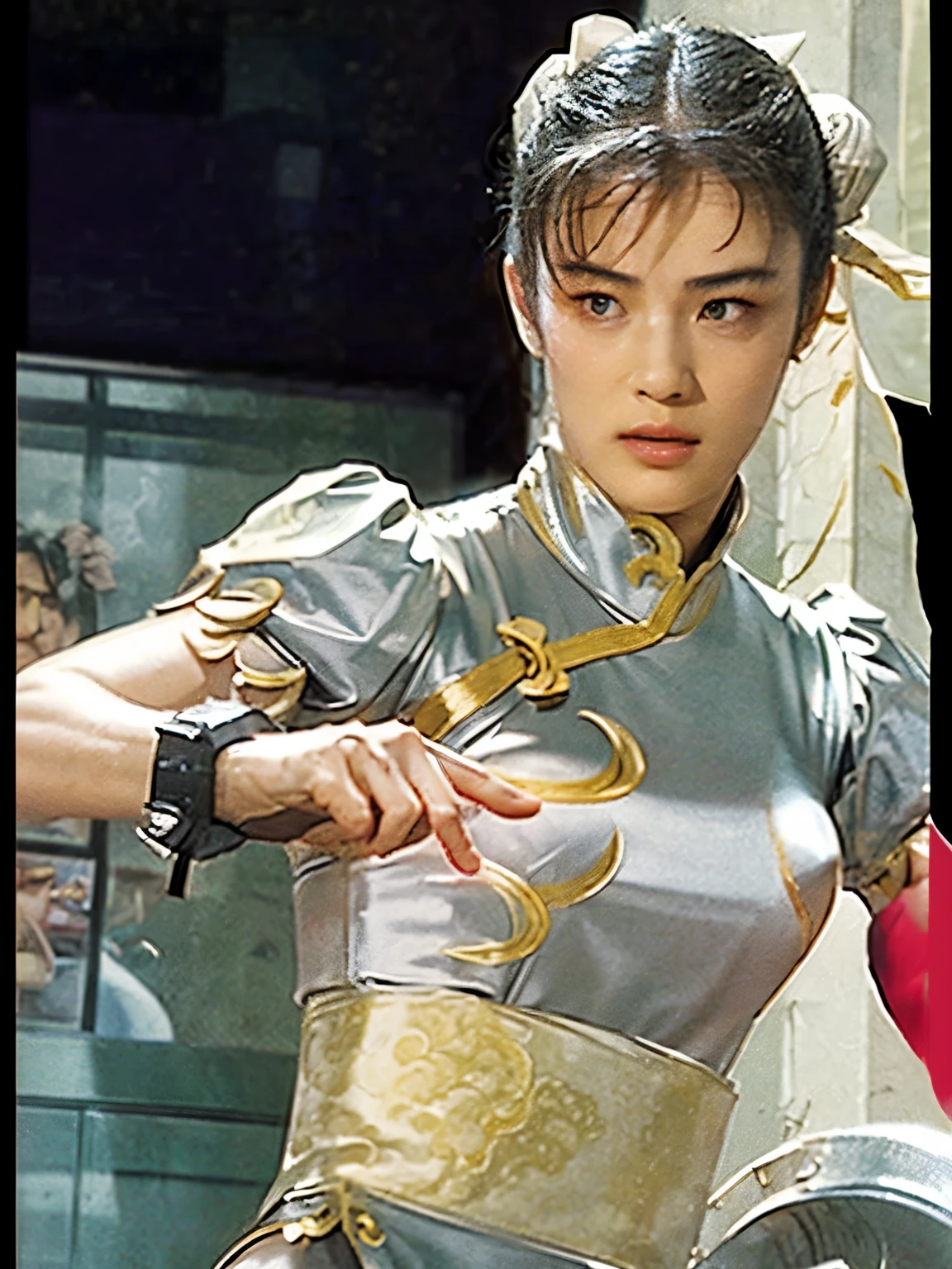 Chunli, Silver Costume, Make a poster for a martial arts movie, Hollywood Style, The facial details are accurately depicted, The details of the clothing are accurately depicted, Two white loaves, High image quality, 映画ではChunliが宿敵に敗北します, ポスターの中ではChunliが強力な敵に追い込まれている様子を描いてください, Create a dark atmosphere by depicting rain and night., Please suggest that there is a powerful enemy., The title of this movie is「Chunli無惨〜Beautiful martial artist、Fallen before his nemesis！」, Enter the movie title, Uneasy atmosphere, Film lighting