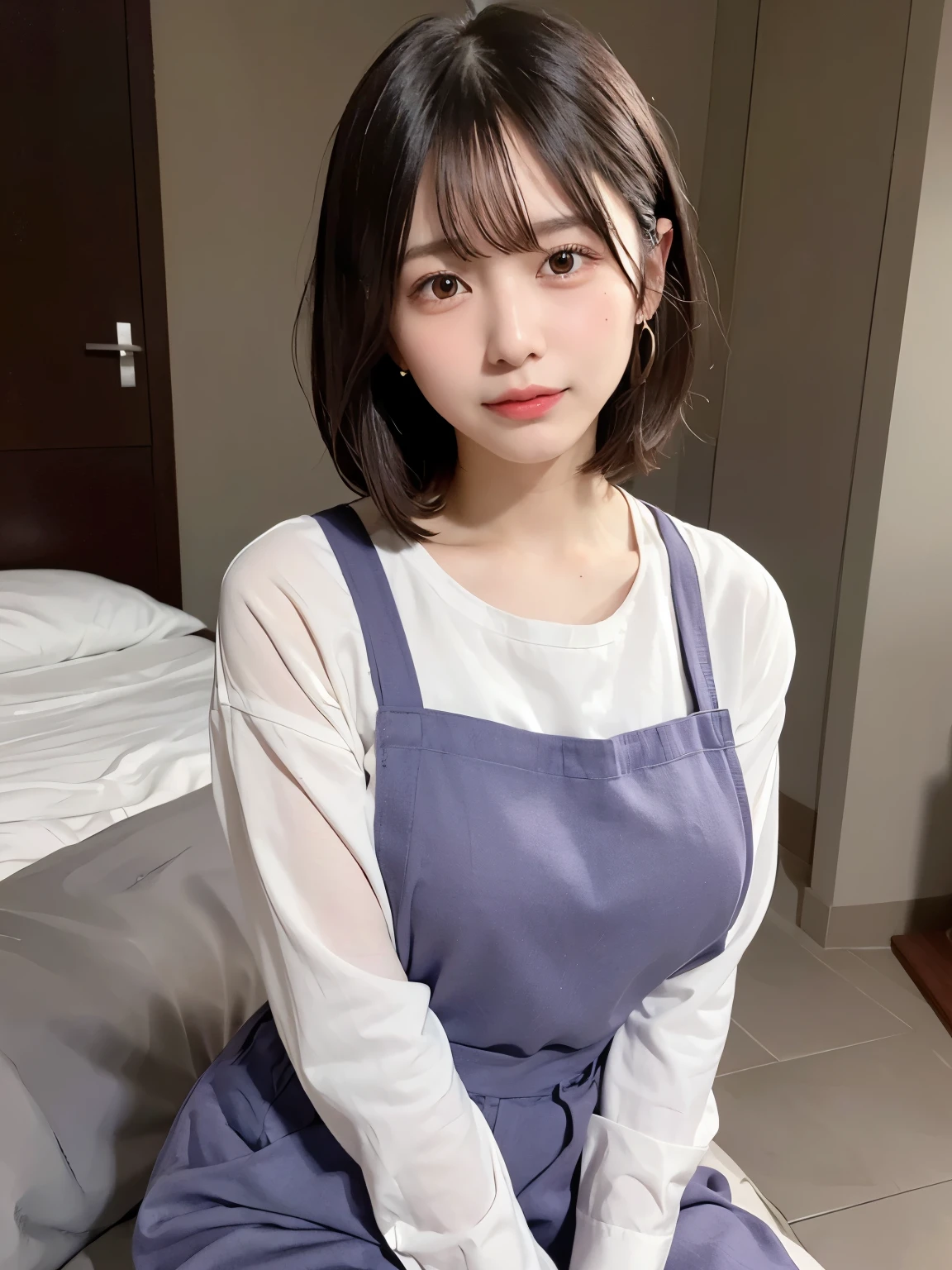 ((Lavender apron:1,4)), ((paired with a white casual shirt)), sitting on the edge of a neatly made hotel bed, ((Top Quality, 8k, Masterpiece: 1.3)), ((1 girl)), Preschool Teacher woman, (Huge Breasts:1.2),   Posing like a model, gold earring, (Women in Japan:1.05), ((short bob hair)), diffused natural skin glow, physically-based rendering, extra detailed face, Detailed skin, mole:0.1, In a luxurious hotel room, sitting on the bed with plush pillows and elegant décor around.'