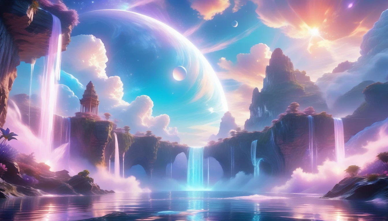 A Masterpiece In 32K Resolution, Supreme Quality, Super Detail, Official Art, Very High-Resolution 32K Wallpaper, Beautiful And Ethereal, Ultra-Detailed Features, Awe-Inspiring Detail. Celestial, Serene, And Dreamlike Scene Set On A Mystical, Oceanic Planet.
The Scene Features Vast, Crystal-Clear Waters Reflecting The Light Of Two Moons Suspended In A Twilight Sky. Towering Waterfalls Cascade From Hovering Islands, Surrounded By Clouds That Shimmer With Iridescent Blues And Violets. A Giant Ringed Planet Dominates The Horizon, Its Rings Glistening With Particles Of Stardust. The Atmosphere Is Peaceful Yet Brimming With An Air Of Fantasy, And The Use Of Soft Gradients Gives A Sense Of Tranquil Motion. Otherworldly Flora Sways In The Gentle Breeze, Adding A Sense Of Calm To This Aquatic Paradise. The Palette Is Soft Yet Vibrant, With Hues Of Turquoise, Lavender, And Coral Creating A Mesmerizing Visual Harmony.