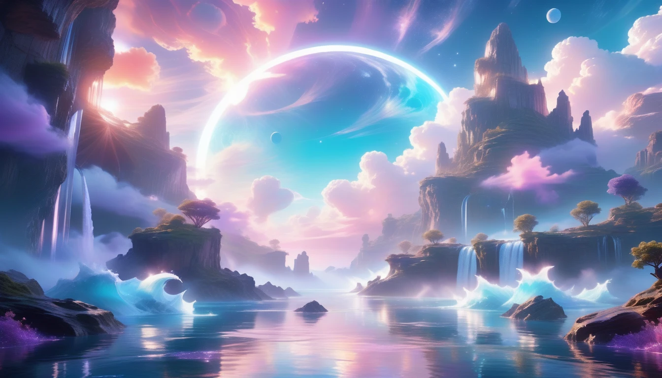 A Masterpiece In 32K Resolution, Supreme Quality, Super Detail, Official Art, Very High-Resolution 32K Wallpaper, Beautiful And Ethereal, Ultra-Detailed Features, Awe-Inspiring Detail. Celestial, Serene, And Dreamlike Scene Set On A Mystical, Oceanic Planet.
The Scene Features Vast, Crystal-Clear Waters Reflecting The Light Of Two Moons Suspended In A Twilight Sky. Towering Waterfalls Cascade From Hovering Islands, Surrounded By Clouds That Shimmer With Iridescent Blues And Violets. A Giant Ringed Planet Dominates The Horizon, Its Rings Glistening With Particles Of Stardust. The Atmosphere Is Peaceful Yet Brimming With An Air Of Fantasy, And The Use Of Soft Gradients Gives A Sense Of Tranquil Motion. Otherworldly Flora Sways In The Gentle Breeze, Adding A Sense Of Calm To This Aquatic Paradise. The Palette Is Soft Yet Vibrant, With Hues Of Turquoise, Lavender, And Coral Creating A Mesmerizing Visual Harmony.