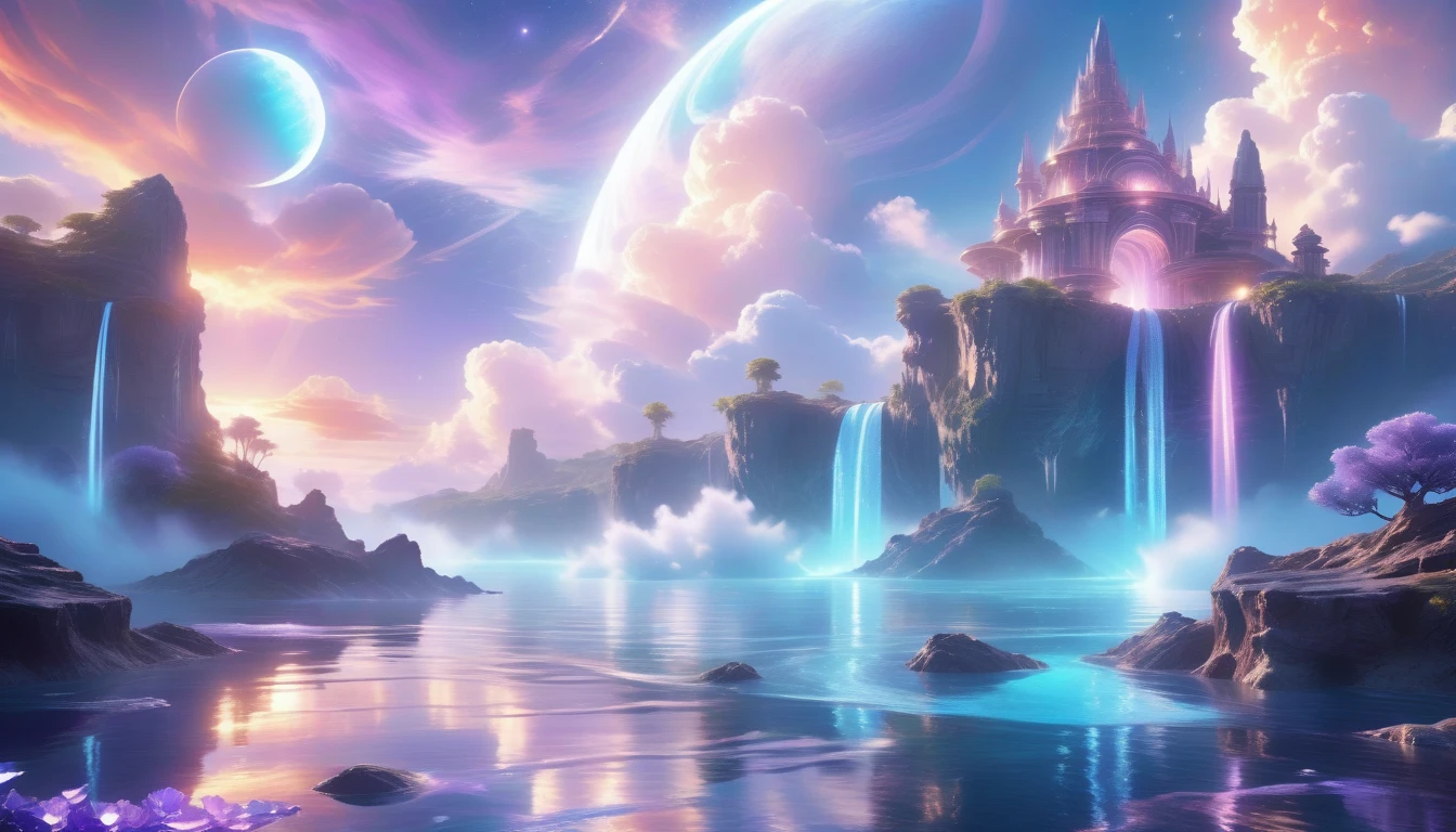 A Masterpiece In 32K Resolution, Supreme Quality, Super Detail, Official Art, Very High-Resolution 32K Wallpaper, Beautiful And Ethereal, Ultra-Detailed Features, Awe-Inspiring Detail. Celestial, Serene, And Dreamlike Scene Set On A Mystical, Oceanic Planet.
The Scene Features Vast, Crystal-Clear Waters Reflecting The Light Of Two Moons Suspended In A Twilight Sky. Towering Waterfalls Cascade From Hovering Islands, Surrounded By Clouds That Shimmer With Iridescent Blues And Violets. A Giant Ringed Planet Dominates The Horizon, Its Rings Glistening With Particles Of Stardust. The Atmosphere Is Peaceful Yet Brimming With An Air Of Fantasy, And The Use Of Soft Gradients Gives A Sense Of Tranquil Motion. Otherworldly Flora Sways In The Gentle Breeze, Adding A Sense Of Calm To This Aquatic Paradise. The Palette Is Soft Yet Vibrant, With Hues Of Turquoise, Lavender, And Coral Creating A Mesmerizing Visual Harmony.