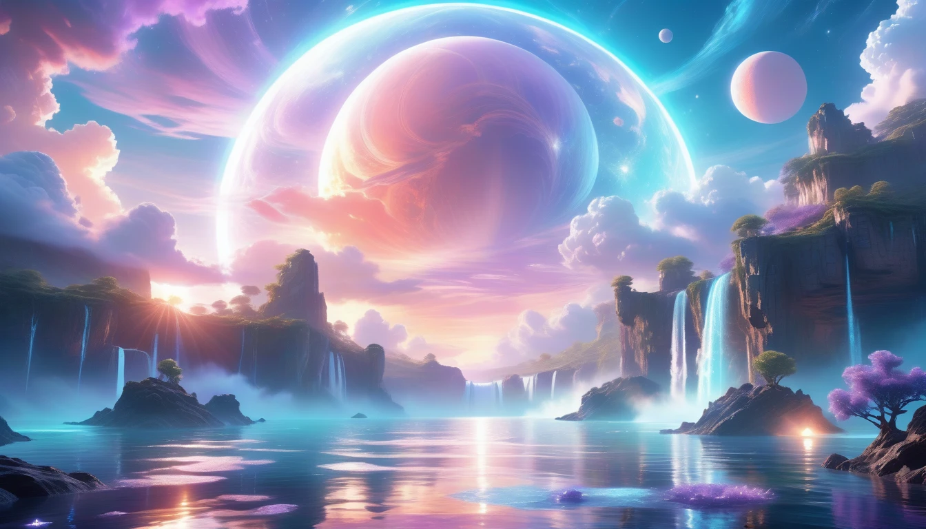 A Masterpiece In 32K Resolution, Supreme Quality, Super Detail, Official Art, Very High-Resolution 32K Wallpaper, Beautiful And Ethereal, Ultra-Detailed Features, Awe-Inspiring Detail. Celestial, Serene, And Dreamlike Scene Set On A Mystical, Oceanic Planet.
The Scene Features Vast, Crystal-Clear Waters Reflecting The Light Of Two Moons Suspended In A Twilight Sky. Towering Waterfalls Cascade From Hovering Islands, Surrounded By Clouds That Shimmer With Iridescent Blues And Violets. A Giant Ringed Planet Dominates The Horizon, Its Rings Glistening With Particles Of Stardust. The Atmosphere Is Peaceful Yet Brimming With An Air Of Fantasy, And The Use Of Soft Gradients Gives A Sense Of Tranquil Motion. Otherworldly Flora Sways In The Gentle Breeze, Adding A Sense Of Calm To This Aquatic Paradise. The Palette Is Soft Yet Vibrant, With Hues Of Turquoise, Lavender, And Coral Creating A Mesmerizing Visual Harmony.