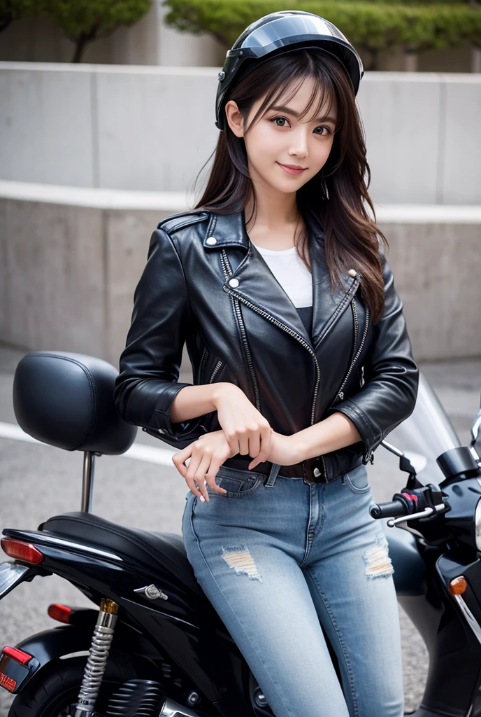 Wearing A leather Jacket standing beside motorcycle, hyper realistic lifelike texture dramatic lighting unreal engine trending on art station, award winning photo, nikon RAW photo,8 k, Fujifilm XT3,masterpiece, best quality, realistic, photorealistic, ultra detailed, extremely detailed face, solo,1girl, upper body,